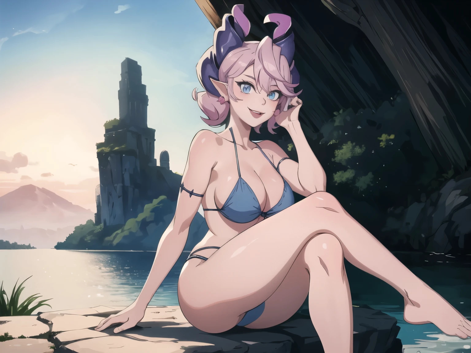 Waterfalls High level image quality best image quality 8K adult woman background a lake in the middle of jungle outside more colors whole body view portrait wearing deep pink bikini pink horn ears short hair((shortcut)(gray hair)(perm)(fluffy)) eye color is blue , , attractive evil face , smile , sexy pose , labrynth , barearm , both arms over waist , wearing pink , crossed legs , lying on her back
