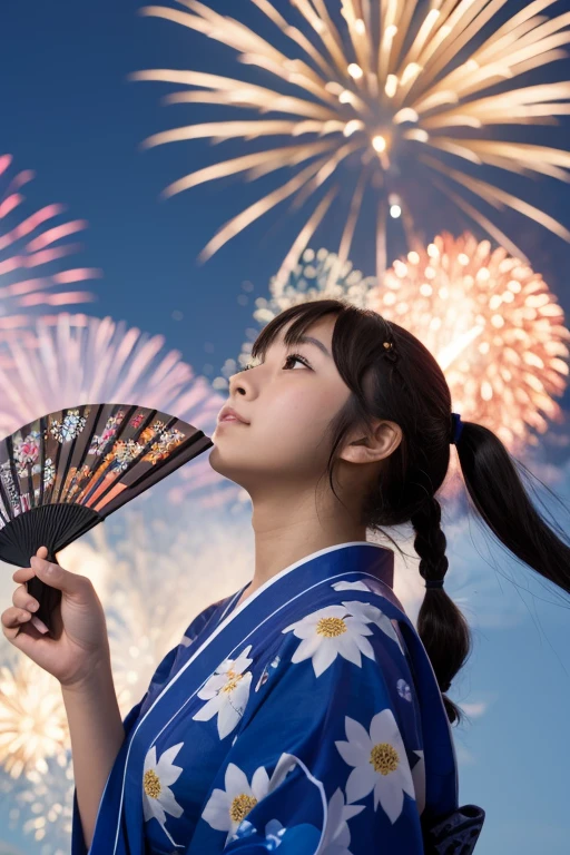 A with twin tails wearing a yukata and holding a fan。
Looking up at the sky, large fireworks。
Low - Angle