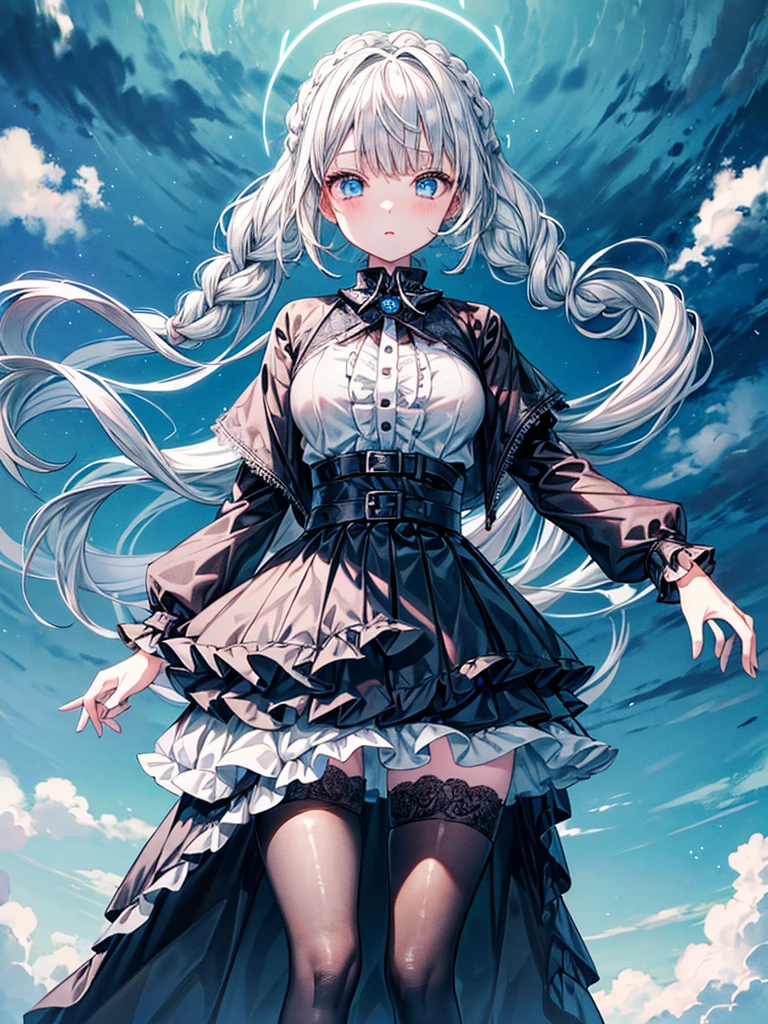 (kawai Quality figure),(((Top quality))),she has short white braided hair and sky blue eyes,her outfit is monochrome consisting of unbuttoned grey jacket, (Ghotic with long skirt),(Her outfit closely resembles a goth ta aesthetic black), (blouse underneath), (a grey skirt with ruffled fabric underneath and a lace draping over it),(wears black tights), (She is considered to be very beautiful), ((spirit of the coming land)), ((beautiful storm)) ,run under blue sky with piece pose, strom spring