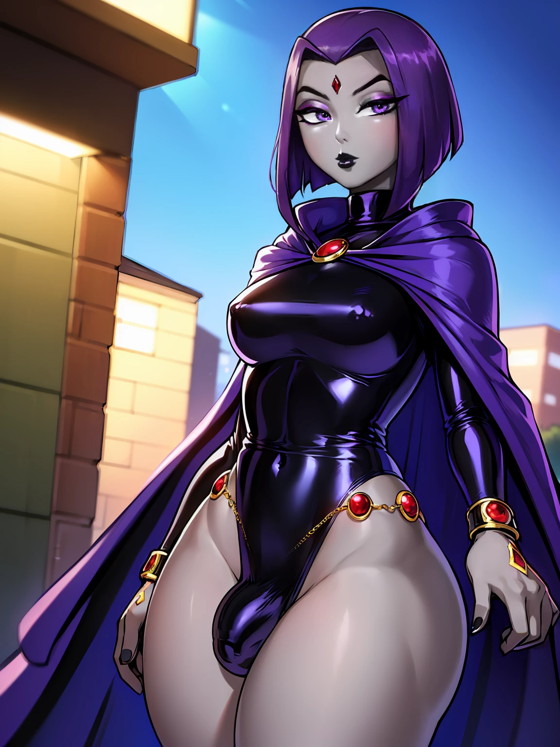 (solo:1.1),(masterpiece), (best quality:1.3), ultra detailed, intricate, (nice hands:1.4), professional art, digital art, absurdres, shadraven, (Full body view:1.1), 1girl, solo, (grey skin:1.4), dark purple hair, bob hair, purple eyes, hips wider than shoulders, pear shaped body, jewellery, detailed thighs, thick thighs, red jewel in forehead, jewels, (long sleeved turtleneck leotard:1.3), cuffs, small breasts, (shadraven cloak), (Shadraven broach:1.2), Shadraven jewel belt, Shadraven wearing a long sleeved leotard outside at night, long legs, ( long crotch bulge:1.4), large penis, large testicles, side view, looking at viewer, bubble butt , gluteal crease, universal lighting,,
