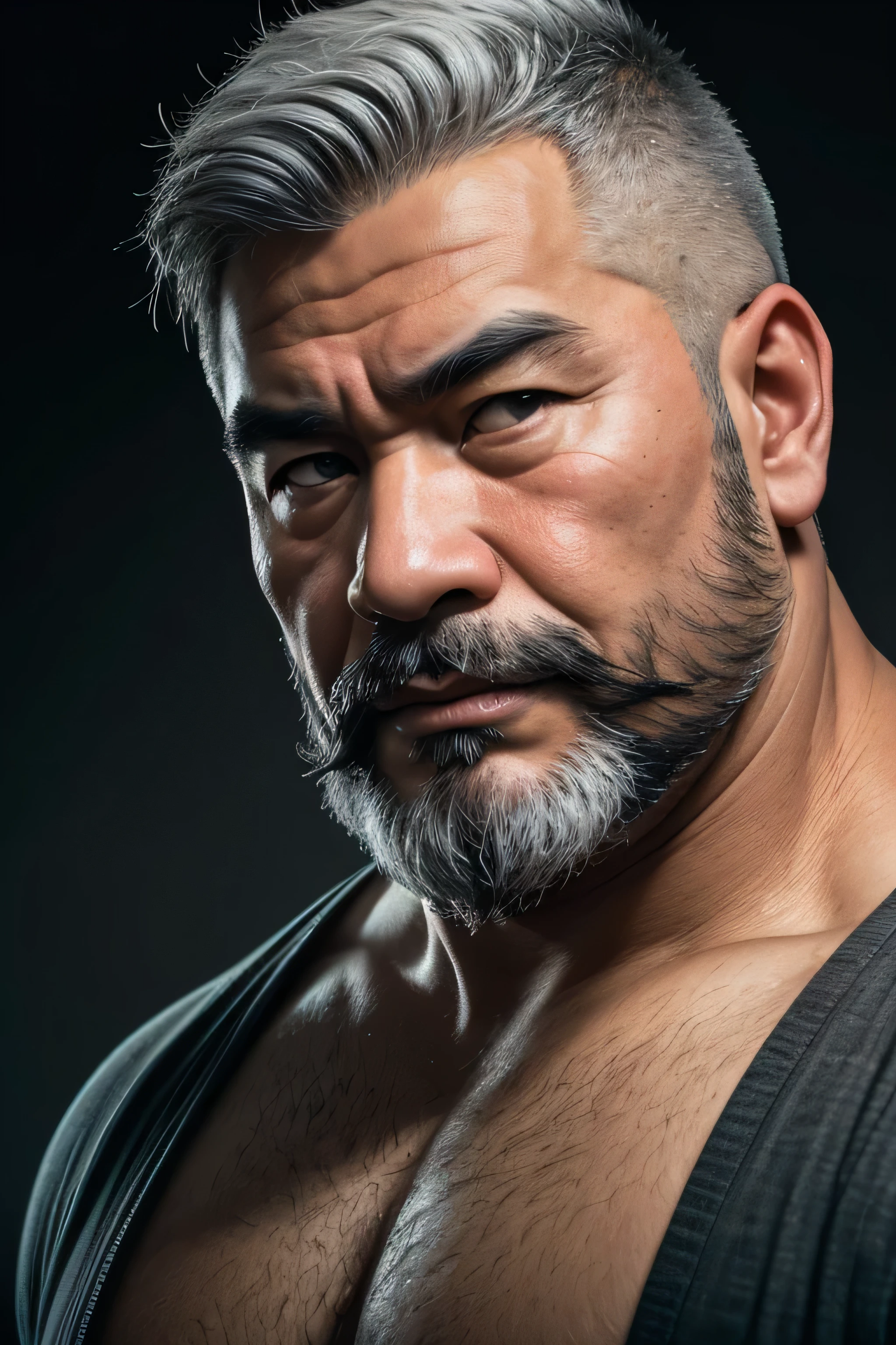 (8K, high definition, high quality, highly detailed) Chubby-faced handsome Asian. gray hair. headshot. not looking at the camera. dramatic lighting. full gray beard. thick gray mustache.