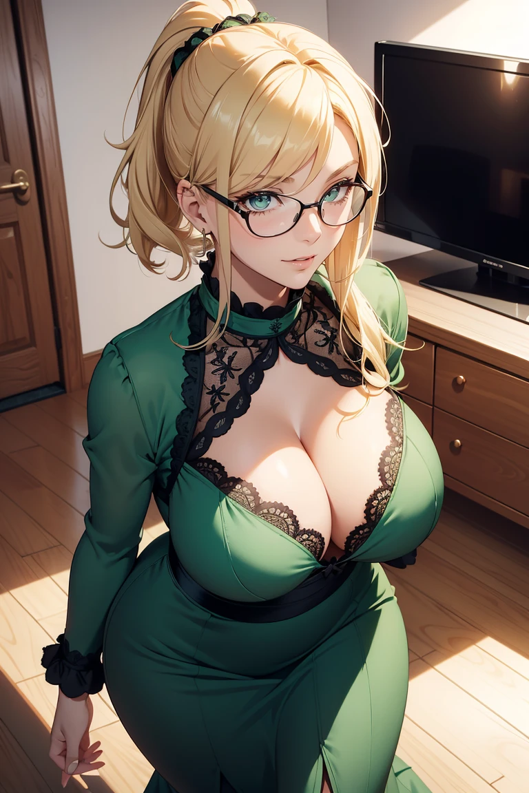 (Top view), (Highest quality: 1.5), (masterpiece: 1.5), (2.5D), (Vibrant colors), (one character), (exaggerated proportions), (transformation), (Perfect Anatomy), ( Center letter), (Absurd), (4K wallpaper), (Detailed eyes), (Perfect hands), (Perfect Fingers), (Beautiful Skin), (Glowing Skin), (Perfect Shadow), (Perfect lighting ), (whole body), (Beautiful Eyes), (masterpiece), (Voluptuous body), (Pretty face), Mature adult woman, Low blonde hair, A slightly messy ponytail, Green Eyes, Wear glasses, Wearing a knee-length dress with lace long sleeves and a moderate V-neckline that fits at the waist, A bright and loving expression, Mature MILF facial, Huge breasts, Huge thighs, Huge Ass, Voluptuous body, Good balance, She is standing in the living room of her home with a broken TV behind her