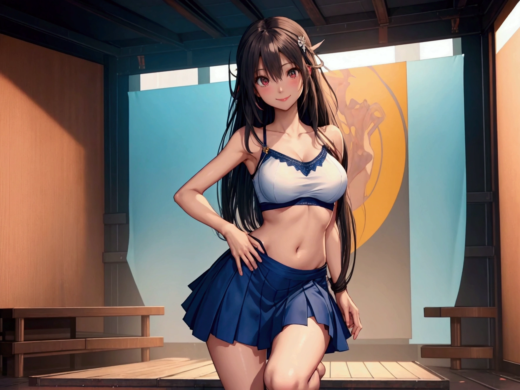 Please draw a full body of a woman.。Smooth skin、RAW images、High definition、High resolution、high resolution、Full Body、Toes、Tube top bra、Satin long skirt、Perfect fingertips、Perfect legs先、Perfect legs、Perfect Face、Detailed face、smile、Embarrassed、Navy city clothes、Standing pose、Similar to Asuna from Sword Art Online