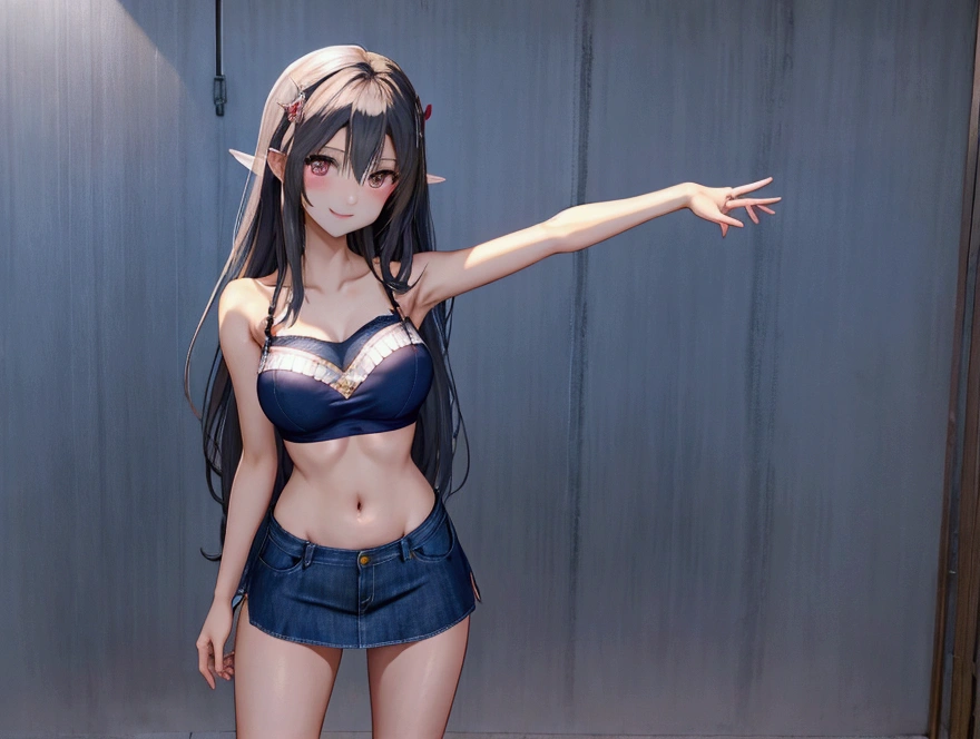 Please draw a full body of a woman.。Smooth skin、RAW images、High definition、High resolution、high resolution、Full Body、Toes、Tube top bra、Satin long skirt、Perfect fingertips、Perfect legs先、Perfect legs、Perfect Face、Detailed face、smile、Embarrassed、Navy city clothes、Standing pose、Similar to Asuna from Sword Art Online、Wearing a T-shirt and jeans