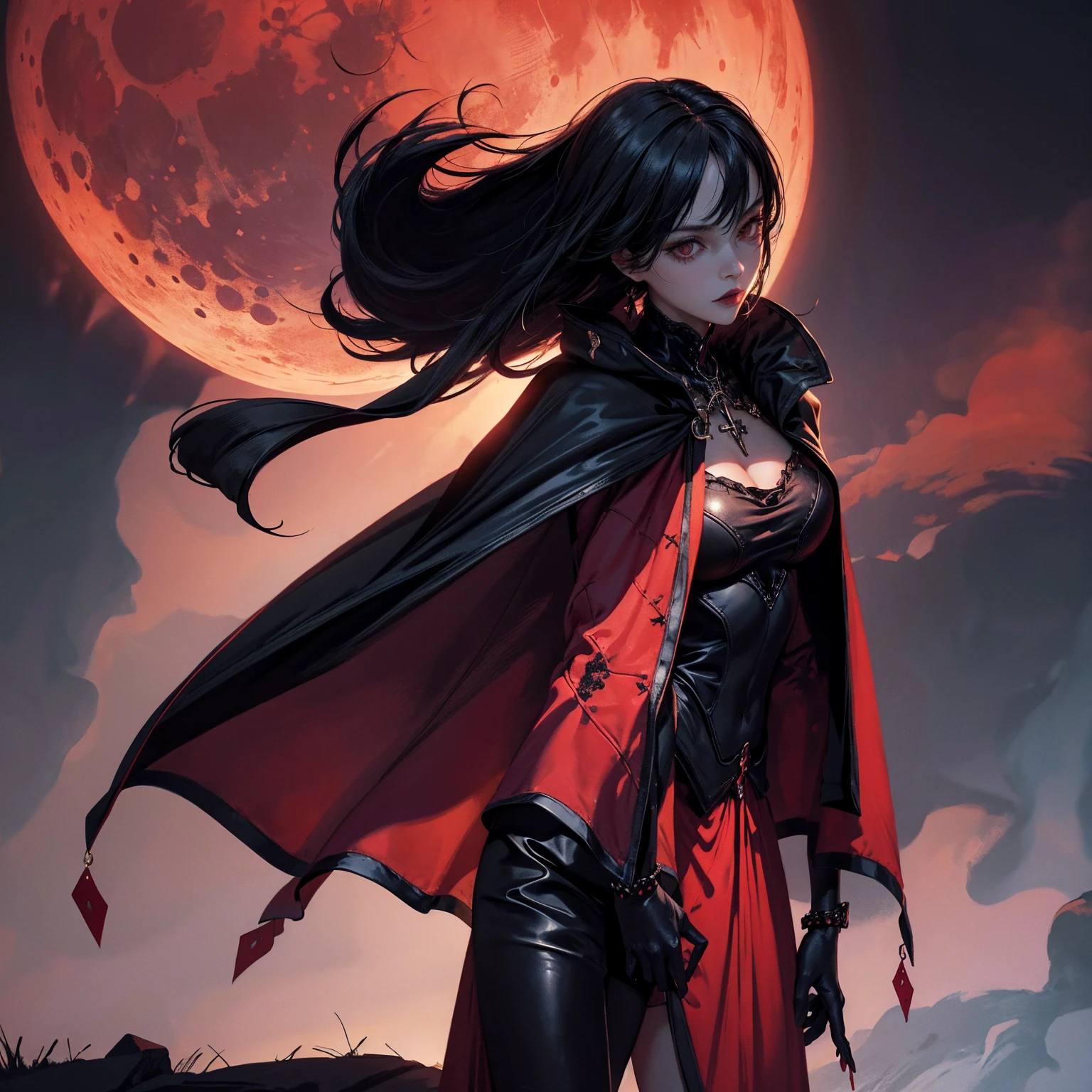 high-quality digital art, wavy long hair, black hair, bangs, straight bangs, windblown hair, glowing red eyes, red eyes, red lips, picture-perfect face, flawless, clean, masterpiece, (((sharp))) ((focus)) (instagram) (8k) masterpiece, beautiful outfit, corset belt, black pants, delicate tracing, gold accents, digital painting, night, dark sky, aurora, highly detailed light, cinematic light, battle ready-stance, high-quality, a digital painting masterpiece, best quality, absurdly high resolution, flames, ruins, swirling magic, detailed background, gothic vibe, moon in the sky, shiny reflection, intricate details, glow, shiny hair, long black hair, lustrous skin, smooth, vampire aesthetic