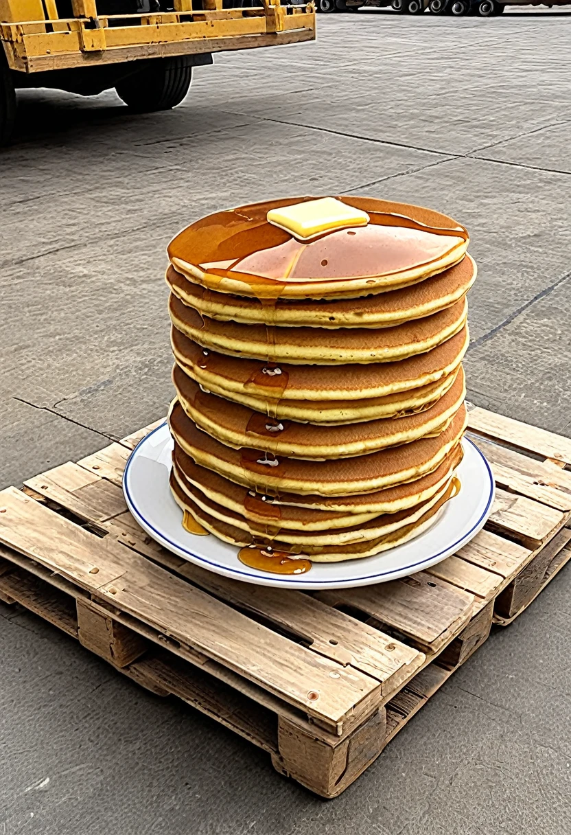 forklift carrying a stack of pancakes on a plate sitting on a pallet