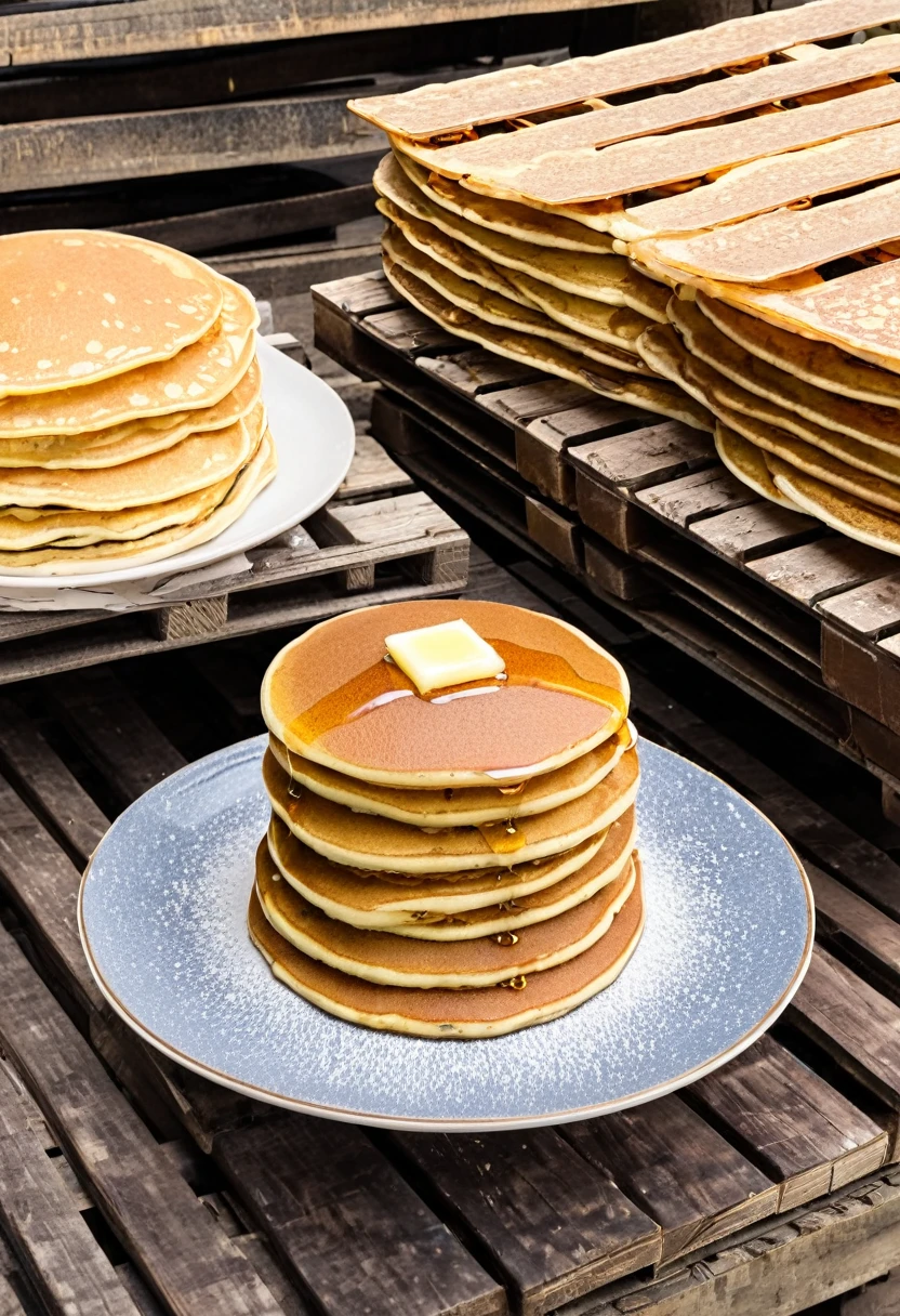 forklift carrying a stack of pancakes on a plate sitting on a pallet