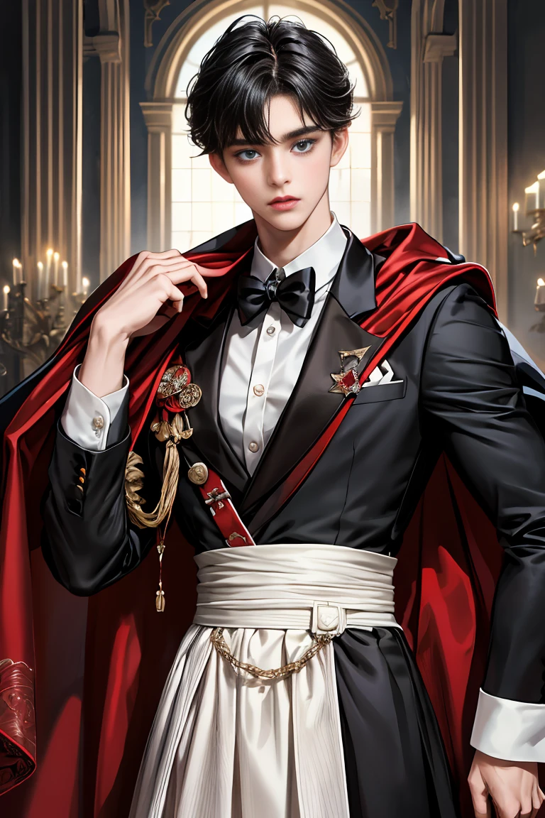 
masterpiece, 最high quality, high quality, 1 boy, alone, Male focus, Watching the audience,  Messy black hair, Adorable big blue eyes, White, Noble, Noble,A black and red cape that is bursting with sexy volume、Tuxedo、A very voluminous, large, very large, very large, long, long red and black cape with a high stand-up collar, made of a lot of fabric that reaches down to the floor., ,Cute beautiful boys,Cute, cute, kind, handsome guy