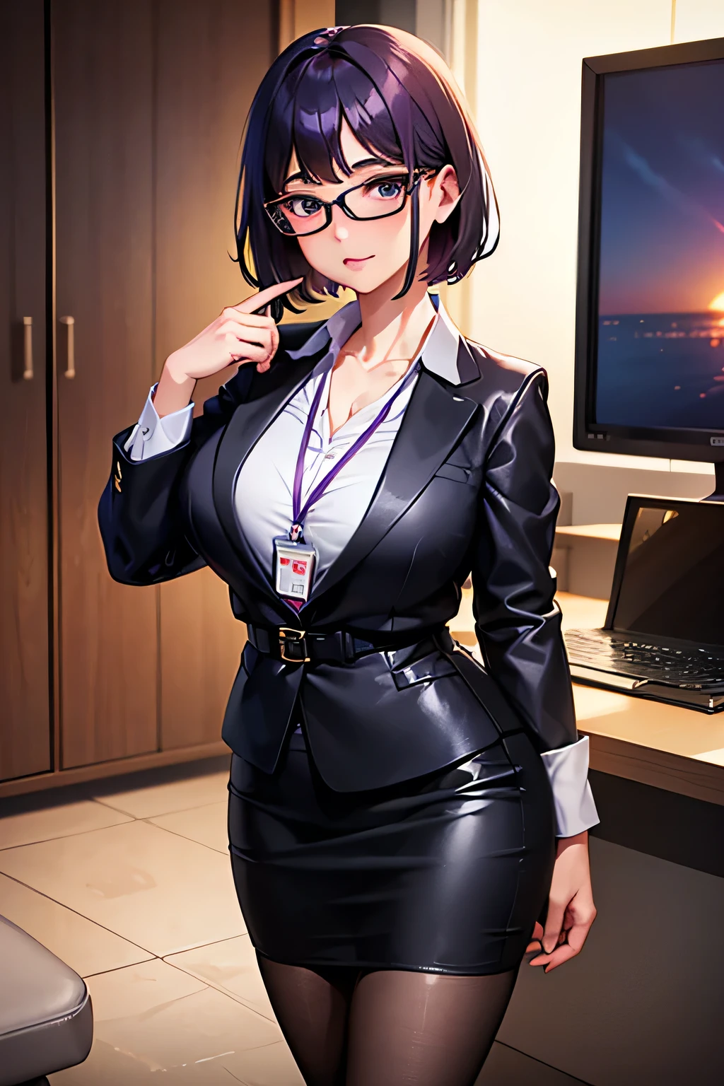 (masterpiece:1.2, Highest quality), (Realistic, photoRealistic:1.4), 1girl,short hair,Glasses,Shiny purple satin blouse,Black tight skirt,stockings,(Strap ID Card),50 years old,赤いルージュのPlumpとした唇,Round face,Plump,(eye contact),Office in a high rise building,(I sat at my computer desk and turned around.),sunset,A capable female secretary giving advice