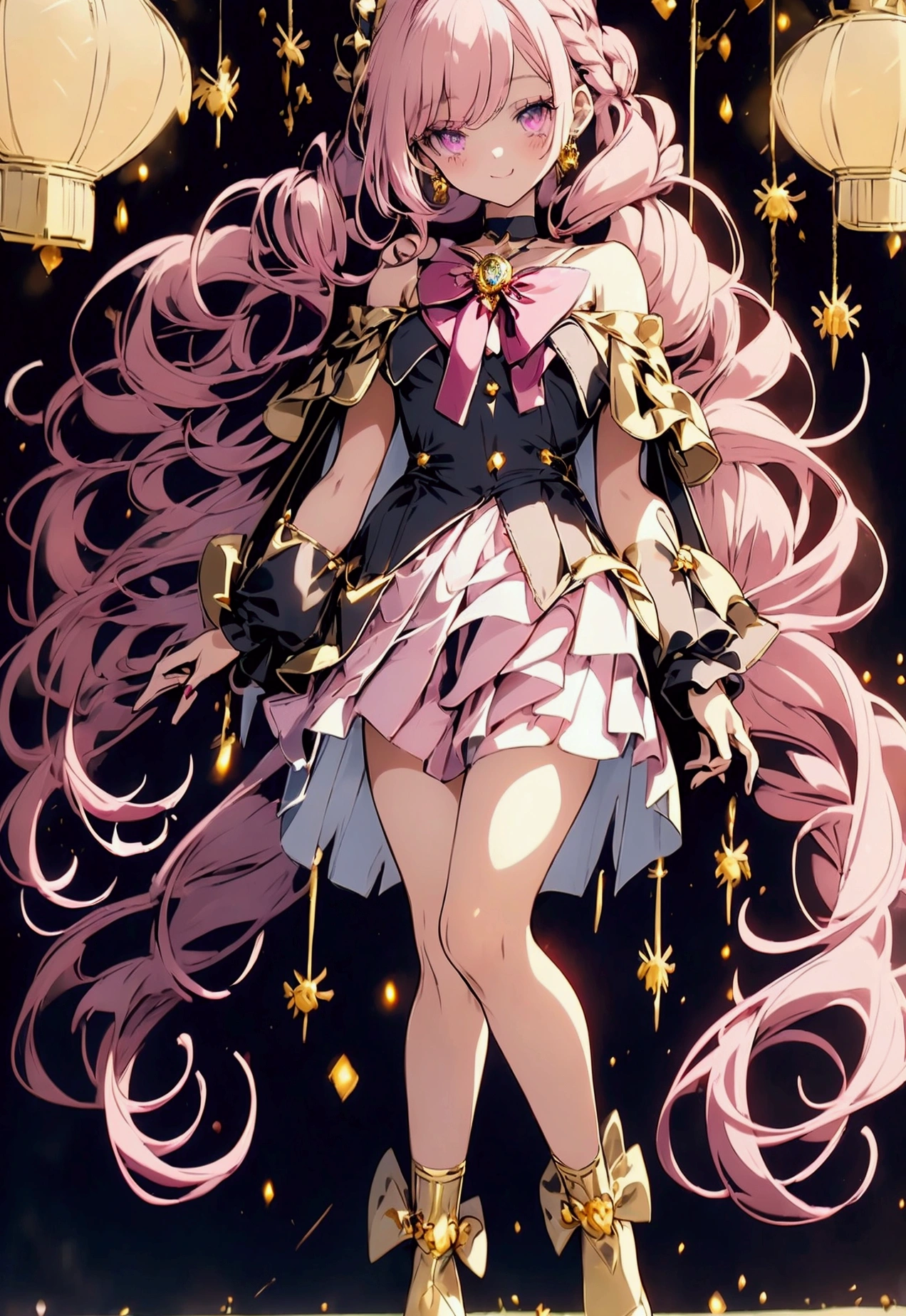 Create an anime-style girl with (((deep magenta eyes and long, wavy pink hair))) ((styled in an elegant frenchbraid)). (((She is slender, and with small breasts))). ((Ensure a full-body shot of her)) wearing a (((magical girl-themed outfit.))) ((The outfit features a fitted bodice with a sweetheart neckline, gold embroidery, and pastel pink accents. The bodice has delicate rose gold spider web patterns. She wears a multi-layered knee-length skirt with a high-low hemline, the outermost layer sheer with gold and rose gold spider web patterns. She has off-the-shoulder puff sleeves, arm-length pastel pink gloves with gold trim, and a gold choker with a red gemstone. The outfit includes a short, detachable sheer cape with rose gold spider web patterns and is fastened with gold brooches. She wears pastel pink ankle boots with gold heels and rose gold laces. Accessories include a gold tiara with a red gemstone and gold spider-shaped hairpins.)) The overall look is regal and ethereal, with magical glowing effects. cutesexy, purinpuon pixiv, no future, a hyperrealistic , hyperrealistic , realistic , seductive (anime girl), smooth anime cg art, beautiful alluring anime , (purinpuon pixiv), ((magical girl)), (masterpiece), best quality, expressive eyes, perfect face ((Highest quality))、((8K))、(((8k wallpaper))) ((Full Body Shot: 1.5))、ultra detailed, masterpiece, best quality, solo ((purinpuon pixiv, no future)) (((purinpuon pixiv, no future)))