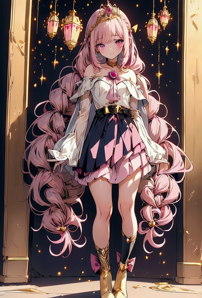 Create an anime-style girl with (((deep magenta eyes and long, wavy pink hair))) ((styled in an elegant frenchbraid)). (((She is slender, and  with small breasts))). ((Ensure a full-body shot of her)) wearing a (((magical girl-themed outfit.))) ((The outfit features a fitted bodice with a sweetheart neckline, gold embroidery, and pastel pink accents. The bodice has delicate rose gold spider web patterns. She wears a multi-layered knee-length skirt with a high-low hemline, the outermost layer sheer with gold and rose gold spider web patterns. She has off-the-shoulder puff sleeves, arm-length pastel pink gloves with gold trim, and a gold choker with a red gemstone. The outfit includes a short, detachable sheer cape with rose gold spider web patterns and is fastened with gold brooches. She wears pastel pink ankle boots with gold heels and rose gold laces. Accessories include a gold tiara with a red gemstone and gold spider-shaped hairpins.)) The overall look is regal and ethereal, with magical glowing effects. cutesexy, purinpuon pixiv, no future, a hyperrealistic , hyperrealistic , realistic , seductive (anime girl), smooth anime cg art, beautiful alluring anime teen, (purinpuon pixiv), ((magical girl)), (masterpiece), best quality, expressive eyes, perfect face ((Highest quality))、((8K))、(((8k wallpaper))) ((Full Body Shot: 1.5))、ultra detailed, masterpiece, best quality, solo ((purinpuon pixiv, no future)) (((purinpuon pixiv, no future)))