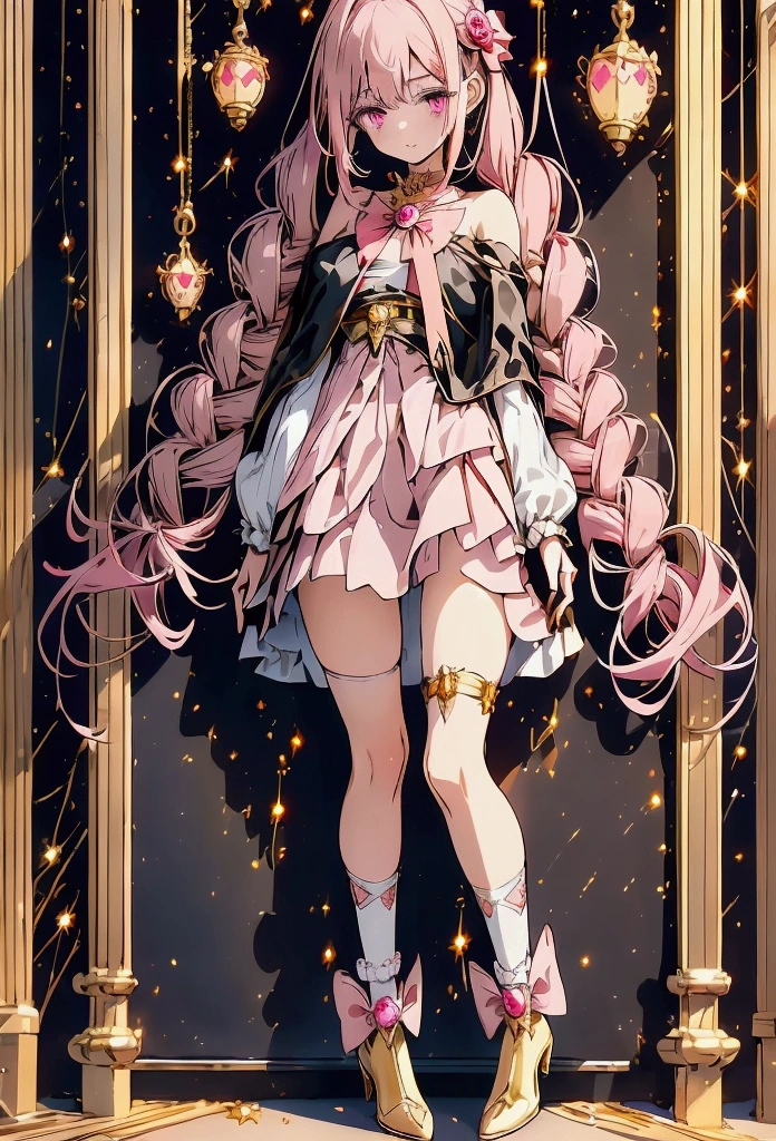 Create an anime-style girl with (((deep magenta eyes and long, wavy pink hair))) ((styled in an elegant frenchbraid)). (((She is slender, and with small breasts))). ((Ensure a full-body shot of her)) wearing a (((magical girl-themed outfit.))) ((The outfit features a fitted bodice with a sweetheart neckline, gold embroidery, and pastel pink accents. The bodice has delicate rose gold spider web patterns. She wears a multi-layered knee-length skirt with a high-low hemline, the outermost layer sheer with gold and rose gold spider web patterns. She has off-the-shoulder puff sleeves, arm-length pastel pink gloves with gold trim, and a gold choker with a red gemstone. The outfit includes a short, detachable sheer cape with rose gold spider web patterns and is fastened with gold brooches. She wears pastel pink ankle boots with gold heels and rose gold laces. Accessories include a gold tiara with a red gemstone and gold spider-shaped hairpins.)) The overall look is regal and ethereal, with magical glowing effects. cutesexy, purinpuon pixiv, no future, a hyperrealistic , hyperrealistic , realistic , seductive (anime girl), smooth anime cg art, beautiful alluring anime , (purinpuon pixiv), ((magical girl)), (masterpiece), best quality, expressive eyes, perfect face ((Highest quality))、((8K))、(((8k wallpaper))) ((Full Body Shot: 1.5))、ultra detailed, masterpiece, best quality, solo ((purinpuon pixiv, no future)) (((purinpuon pixiv, no future)))