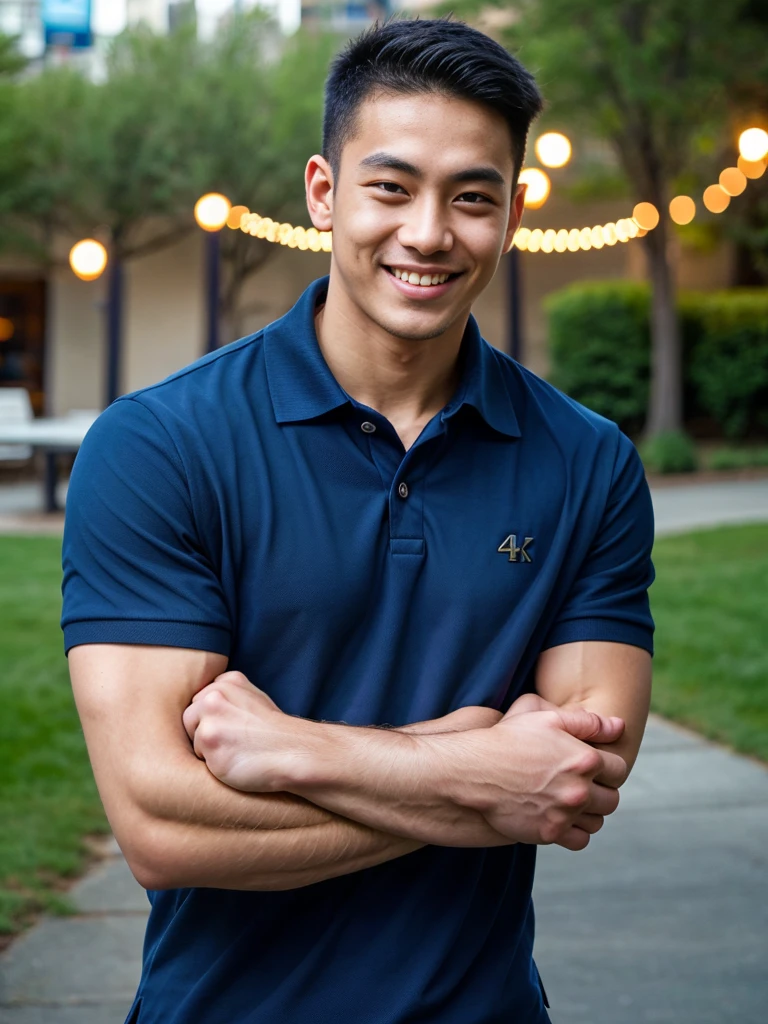 (best quality, 4K, 8k, high resolution, Masterpiece: 1.2), Special details, (realistically, As realistic as a photo, photo realistic: 1.37), Edge lighting, Extra detailed coloring, sharp focus, Physical rendering ,Extremely detailed description,professional,light color,Bokeh,Portrait,look at the viewer, Young Asian man, 20 years old ,(Wear a navy polo shirt.), smile ,Wide yard