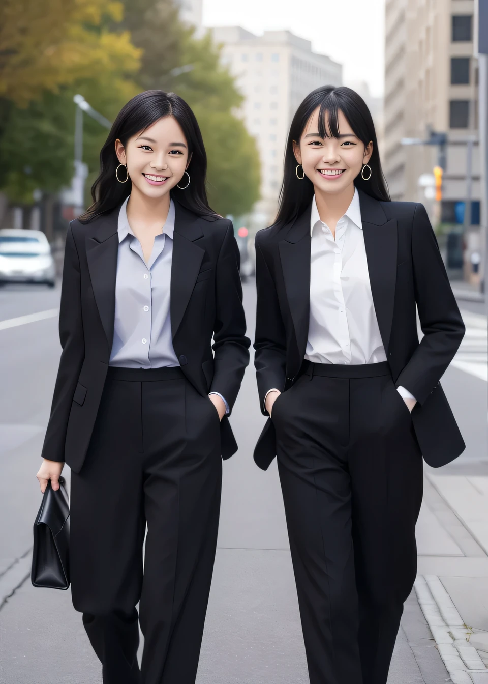 Highest quality, Photorealistic,Two young women standing side by side、（Full body photo）、Outdoor,、Black Hair、Ear piercing、smile、Beautiful teeth alignment、 Black suit, Are standing, Jacket, Pants Style、Recruitment Suit,,, pumps, Task in Progress50%
