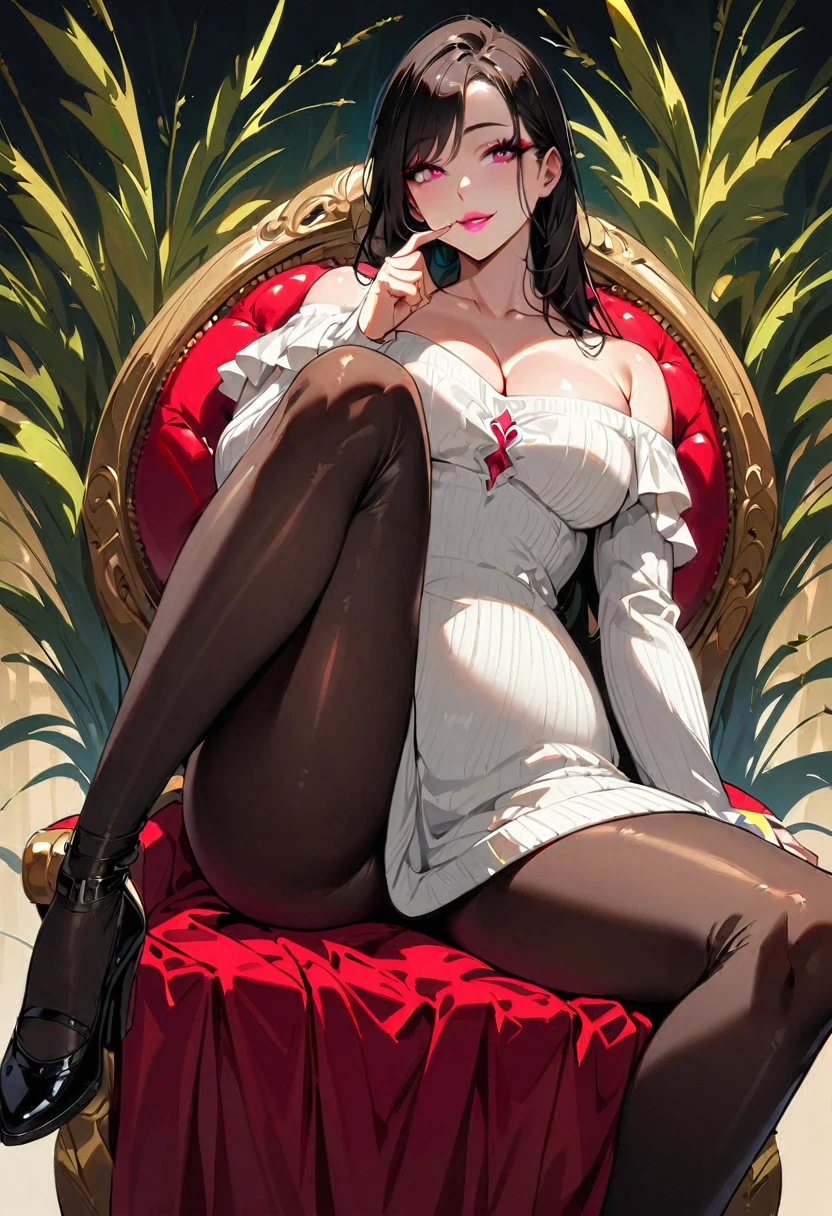 1 mature beautiful woman,(Highest quality,Extremely detailed depiction,Incredibly absurd high resolution,Anatomically accurate depiction,Curvy Legs),(Glowing Skin,Shiny skin),(The enchanting flower and willow),(Light colored off-shoulder tight sweater dress,Black Pantyhose),eyelash,(Pink Eyes,Sidelong glance,There is cleavage in the chest,A seductive smile,Glossy Lips,Flashy makeup,eye shadow,eyeliner,mascara,Put your finger on your cheek,Sitting in a chair,Spread your legs),whole body,background:Inside the room,From below:1.1