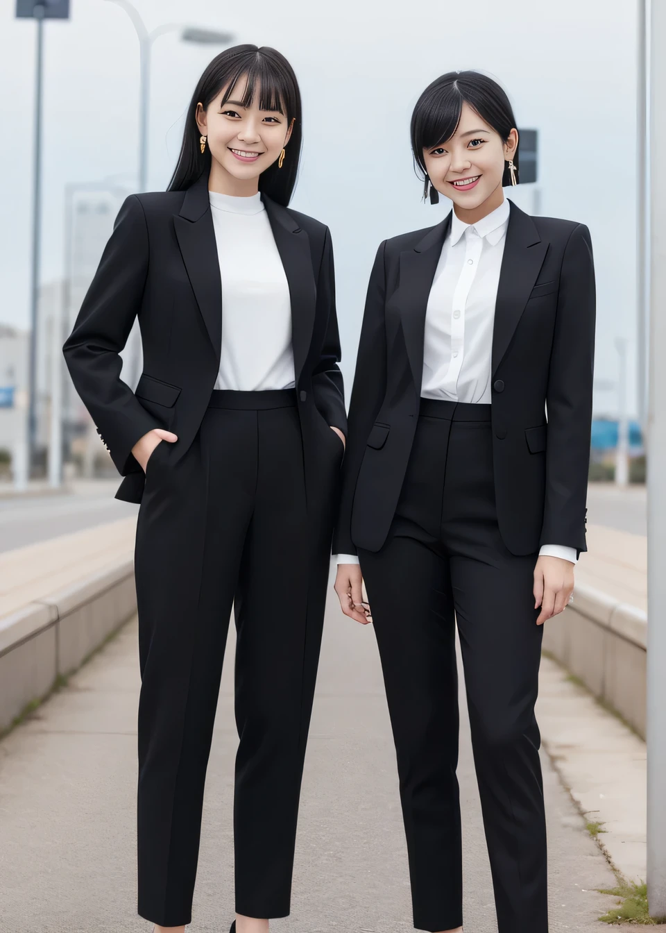 Highest quality, Photorealistic,Two young women standing side by side、（Full body photo）、Outdoor,、Black Hair、Ear piercing、smile、Beautiful teeth alignment、 Black suit, Are standing, Jacket, Pants Style、Recruitment Suit,,, pumps, Task in Progress50%
