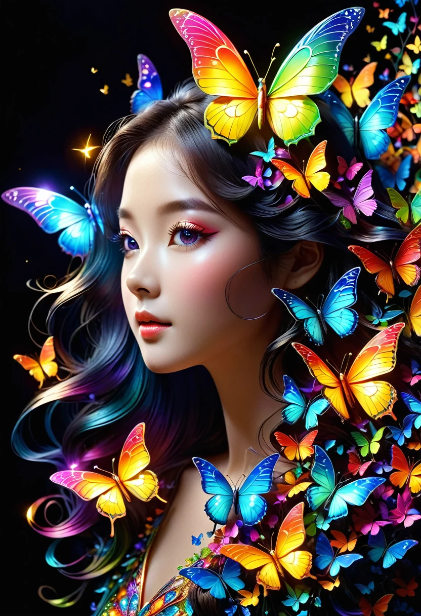 暗闇の中を羽ばたくButterfly々shine、Beautiful as a dream、Touched my heart.,Butterfly々:Rainbow:Seven colors:glow:shine,Dark background,flash,とてもflash,masterpiece,最高masterpiece,Best Paper,Beautiful scenery,excellent,優しくshineButterfly々,politely,Rendering,Unreal Engine,Elements of Zentalg,Intricate details,politely描く,careful,Light Particles:闪闪glow的鳞片,Butterflyの羽ばたきの軌跡がshine,rich and colorful,rich and rich and colorful,Anatomically correct,Beautiful light and shadow,mystery,fantasy,fantasy,The Art of Mathematics