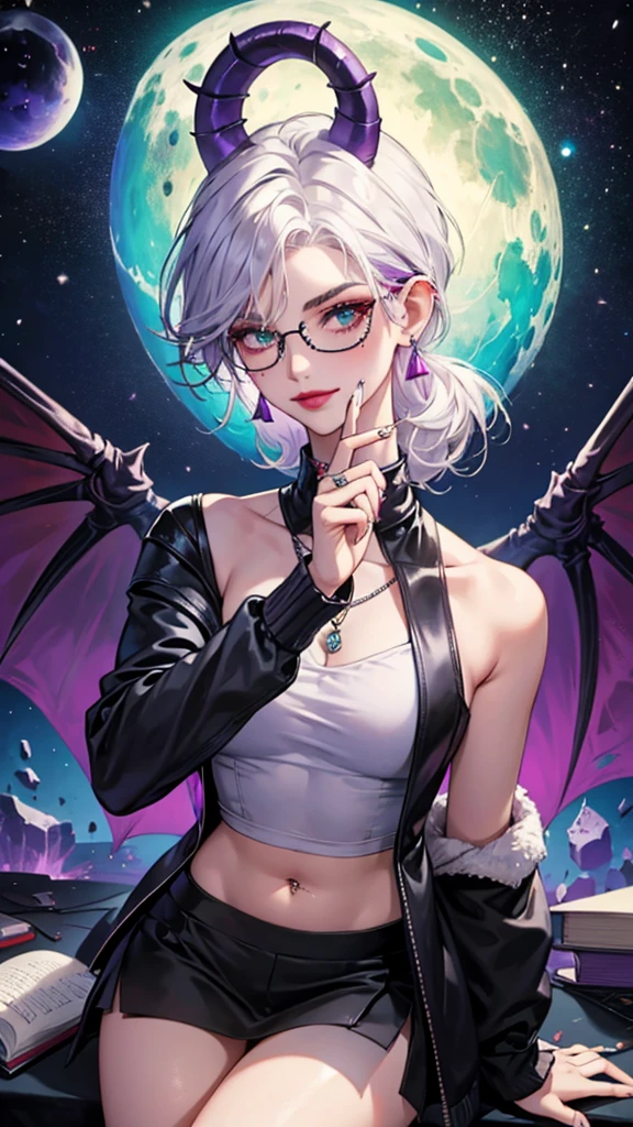 8k, masterpiece, best quality, highly detailed, 1 girl, tiefling, warlock, multicolored hair, very short straight hair green highlight hair on white hair, strippled hair, wearing glasses, round glasses, earrings, navel piercing, miniskirt, red eyeshadow, long eyelashes, blushed cheek, red lips, necklace, rings, collarbone, mole, glamorous, teal clothing, purple clothes, smirk, close up view, rings, looking at viewer, demon horns, solo, nightmarish landscape, blue pale moon, sitting, cosmic horror, decaying, holding devil books