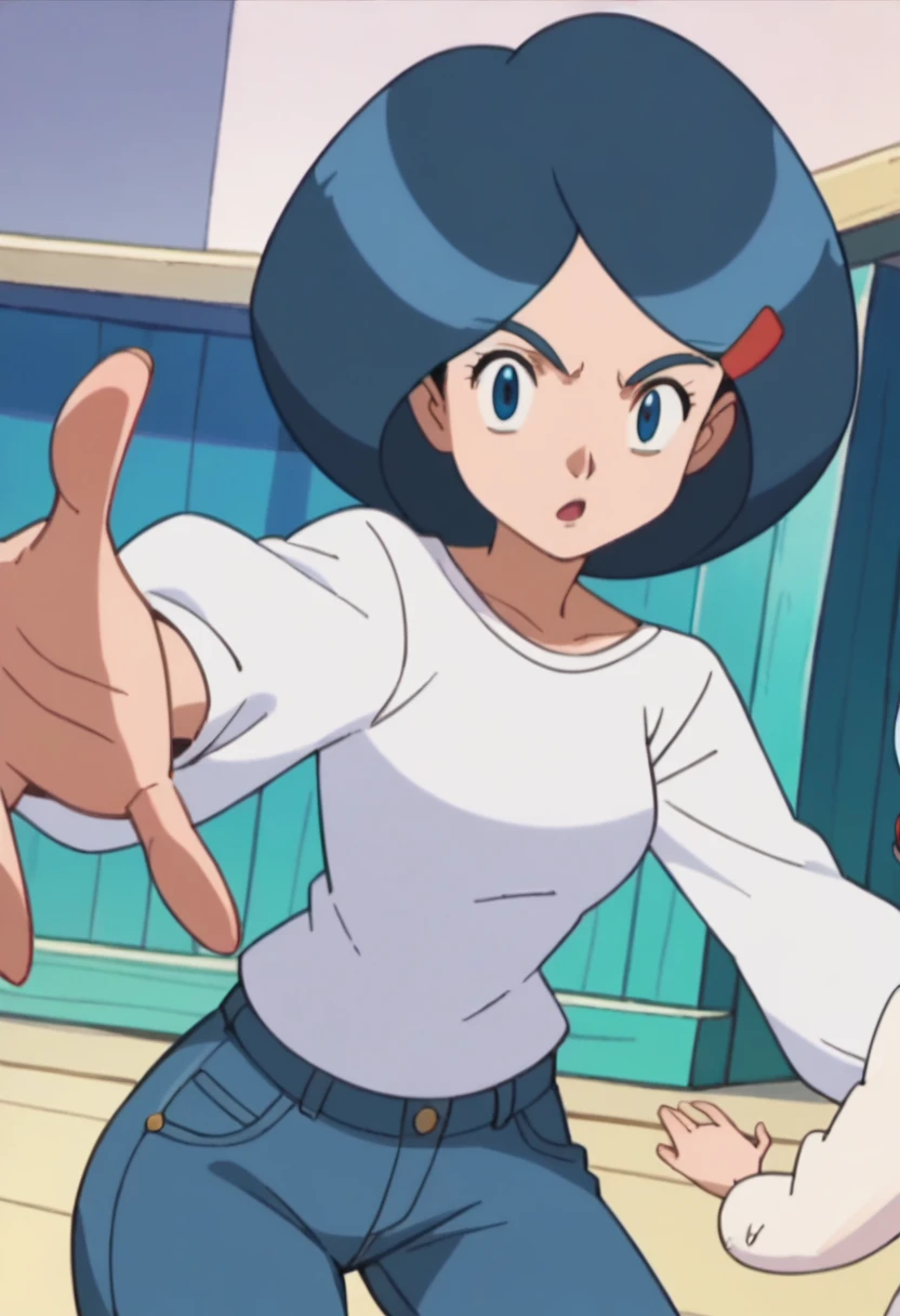 anime screencap in mnst artstyle, Johanna (Pokemon), 1girl, jeans, hand reaching towards viewer, upper body view, blue hair, white wool sweatshirt, dynamic pose,