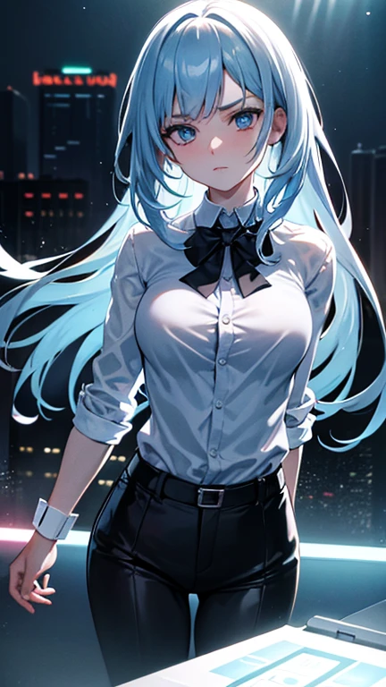 16k, HdR, ray tracing, natural lighting, absurdities, best quality masterpiece, perfect detailed face anatomy, detailed eyes, 1 girl, Alone, Wearing a business suit, shirt, open top button, beautiful hair, extreme beautiful, keyed up, Cold, evil aura, Windy, bright Eyes, serious expressions, dystopian city, Futuristic, detailed background, awarded, Neon lights, trend at the art station