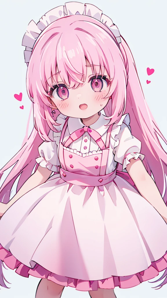 1girl,pink hair, pink eyes with love, detailed eyes, straight hair, straight bangs, shiny hair,short sleeves,looking at viewer, high-definition,masterpiece,best quality, masterpiece, best quality, high resolution, aabeta, double, white simple background, standing, slim waist, cute, super close up selfie, open mouth, laughter, big eyes, pink and white maid dress, cute,maid victorian, maid apron, straight face, dazed, Body position: Standing, straight, symmetrical, barefoot, pink blush
 (PastelColors: 1.3) 