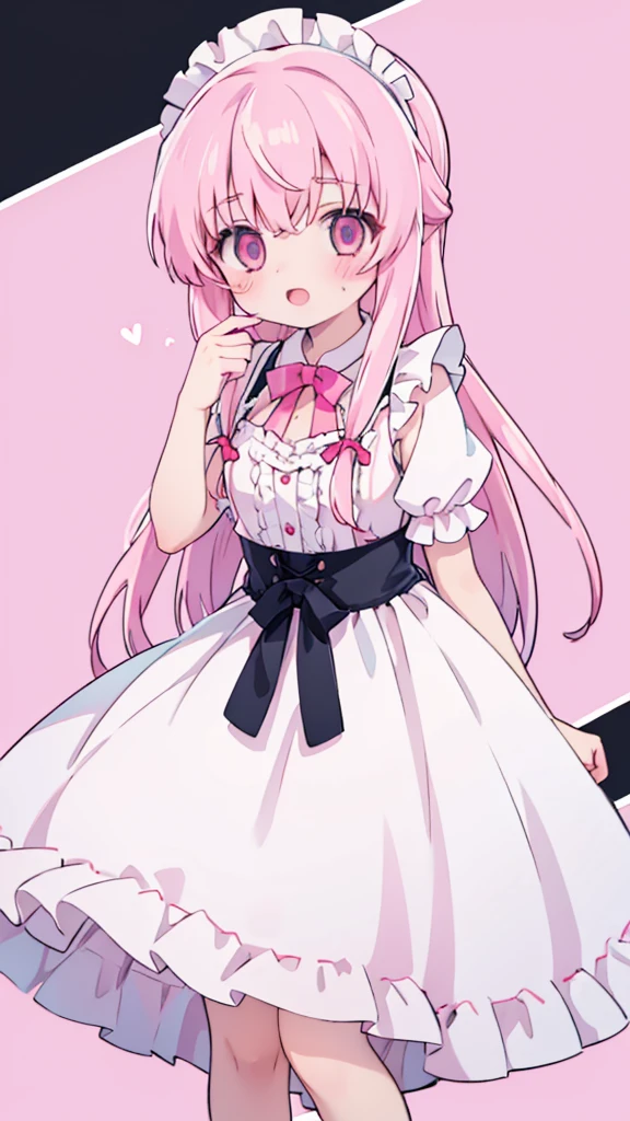 1girl,pink hair, pink eyes with love, detailed eyes, straight hair, straight bangs, shiny hair,short sleeves,looking at viewer, high-definition,masterpiece,best quality, masterpiece, best quality, high resolution, aabeta, double, white simple background, standing, slim waist, cute, super close up selfie, open mouth, laughter, big eyes, pink and white maid dress, cute,maid victorian, maid apron, straight face, dazed, Body position: Standing, straight, symmetrical, barefoot, pink blush
 (PastelColors: 1.3) 
