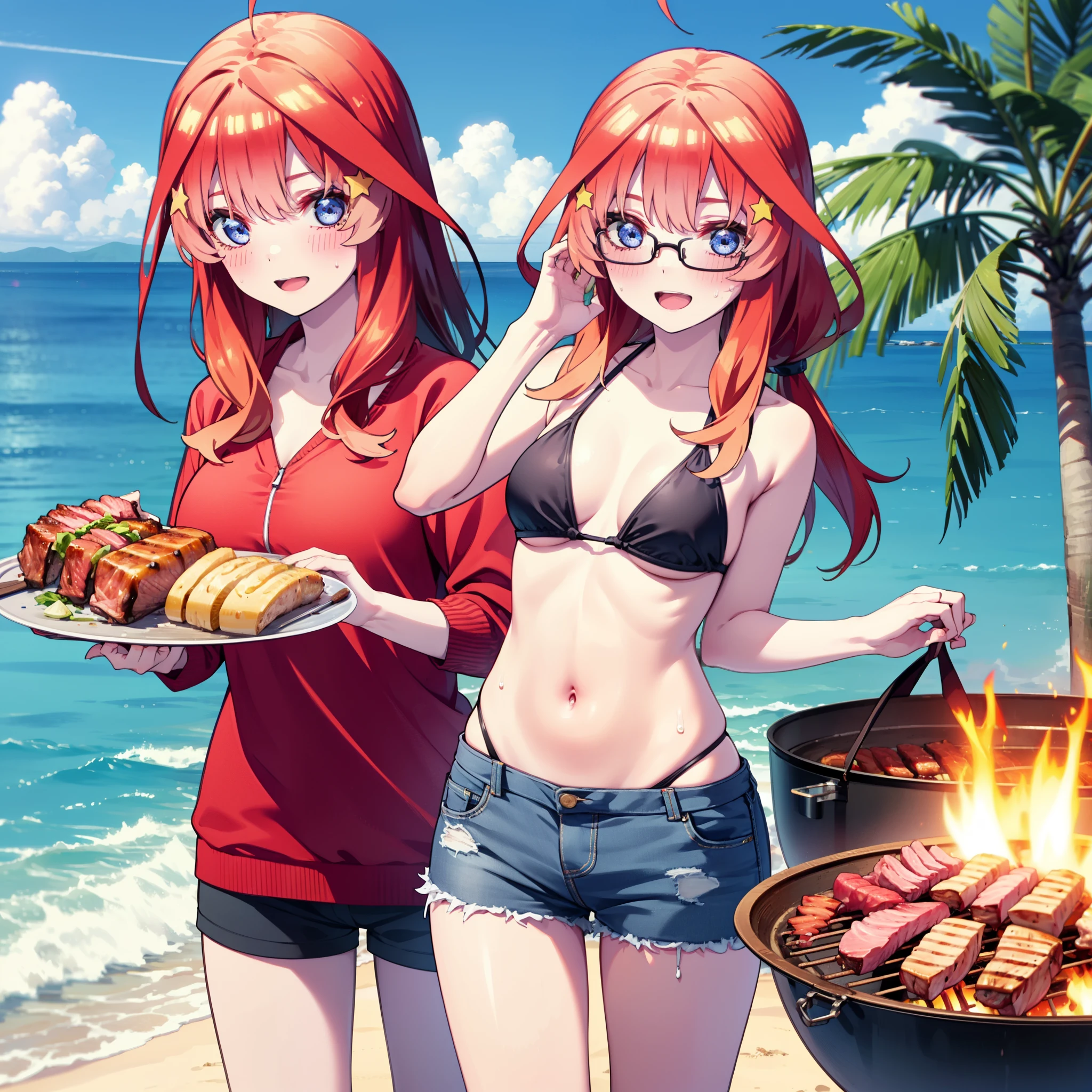 itsukinakano, Itsuki Nakano, bangs, blue eyes, Hair between the eyes, Ahoge, Redhead, star \(symbol\), hair ornaments, star hair ornaments,low twin tail,Black-rimmed glasses,happy smile, smile, Open your mouth,Red Bikini Swimsuit,Shorts,barefoot,Sweat,Beach,barbecue,cooking,Grilled meat,barbecue,Grilling meat,eating meat,Grilled meat,Palm tree,True Summer,Daytime,Clear skies,
break indoors, Beach,Sandy Beach,
break looking at viewer, (Cowboy Shot:1.5),
break (masterpiece:1.2), Highest quality, High resolution, unity 8k wallpaper, (figure:0.8), (Beautiful attention to detail:1.6), Highly detailed face, Perfect lighting, Highly detailed CG, (Perfect hands, Perfect Anatomy),