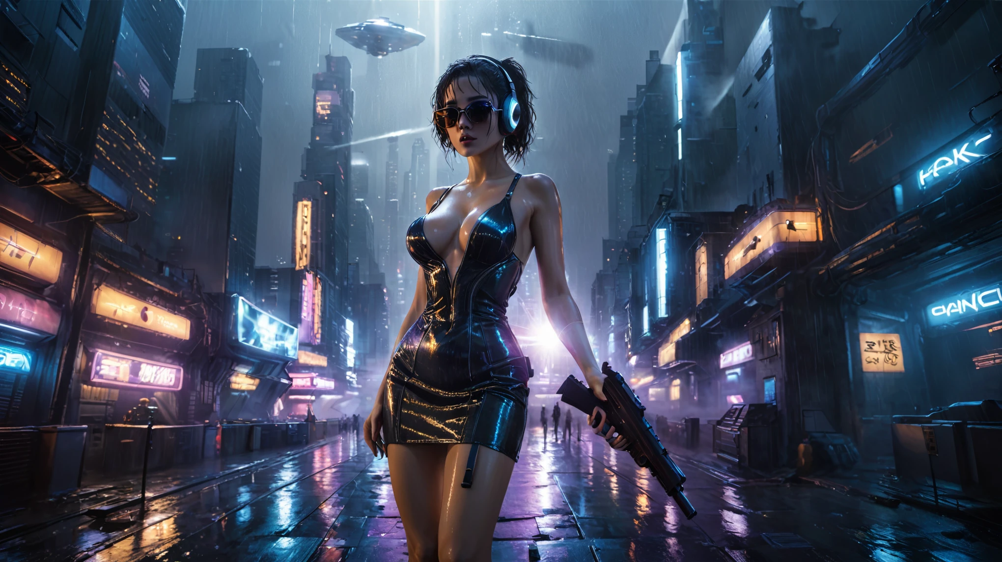 (((aerial view))), (flying cars docking platform), Blade Runner style futuristic city, neon lights, rainy night. 1girl, solo, alone, large-:1.2 slim body, cleavasexy wind blow wet dress:1.4, headphone, (black sunglasses), (((she raised a pistol:1.8 and shot:1.8 the viewer))), dynamic pose, (half-body thigh level medium shot), cinematic vortex back lighting, lens flare, ray tracing, blurred:1.4 background.