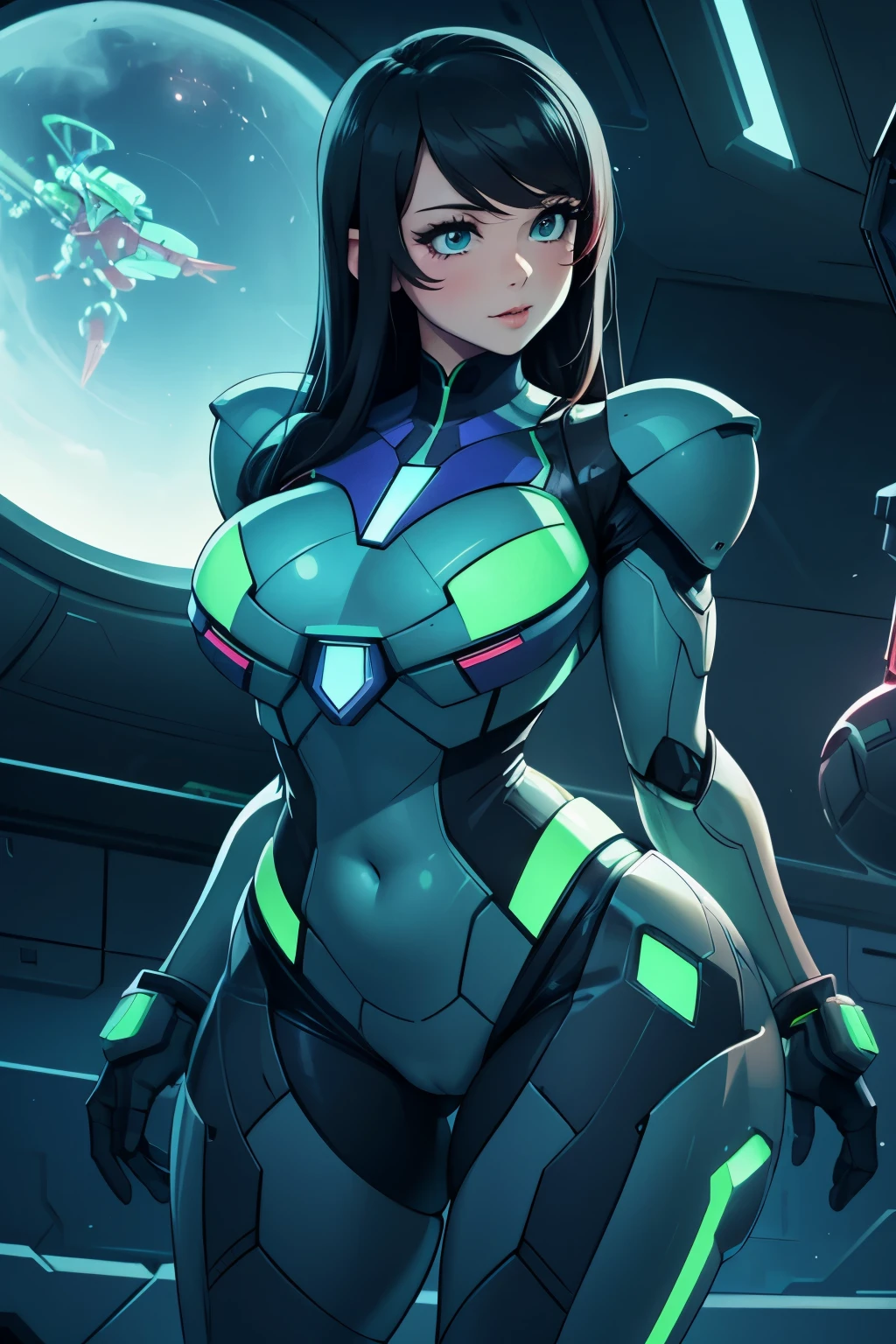 sexy, professional artwork, detailed eyes, beautiful eyes, beautiful face, flawless face, gorgeous face, smooth features, large breasts, blush, thick thighs, beautifully detailed background, chubby, thick, curvaceous, voluptuous, thick thighs, wide hips, belly, soft, full figure, big beautiful woman, pudgy, sci-fi, science fiction, future, neon lights, space ship interior, space ship, space, space visible through window, outer space, mechanical background samus, samus aran, metroid, varia suit, power suit, nintendo, metroid dread, super metroid, metroid prime, exposed breasts, exposed vagina, cyberpunk, cyborg, cyborg woman, cybernetics, cybernetic, robot, robotic arm, robotic leg, smiling, short hair, black hair