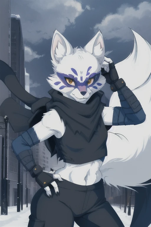 Alopex, arctic fox, furry character, blue marks face, tmnt, smile, orange eyes, girl1, solo, city, black scarf, black bandage arms and legs, ninja shirt, ninja pants, Fox Ears, Anime, Masterpiece, Best Quality, 