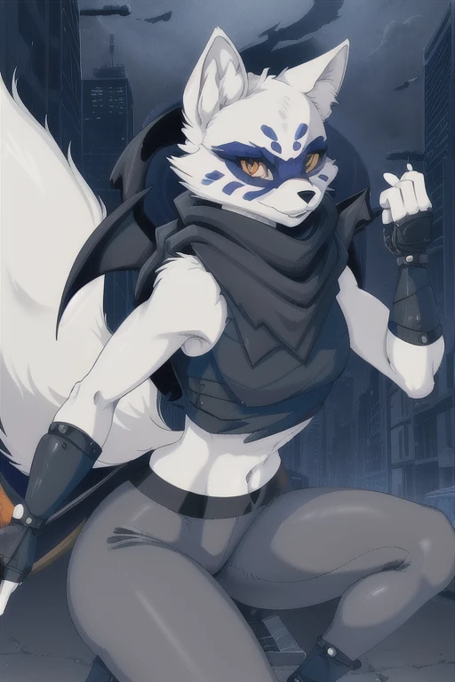 Alopex, arctic fox, furry character, blue marks face, tmnt, smile, orange eyes, girl1, solo, city, black scarf, black bandage arms and legs, ninja shirt, ninja pants, Fox Ears, Anime, Masterpiece, Best Quality,