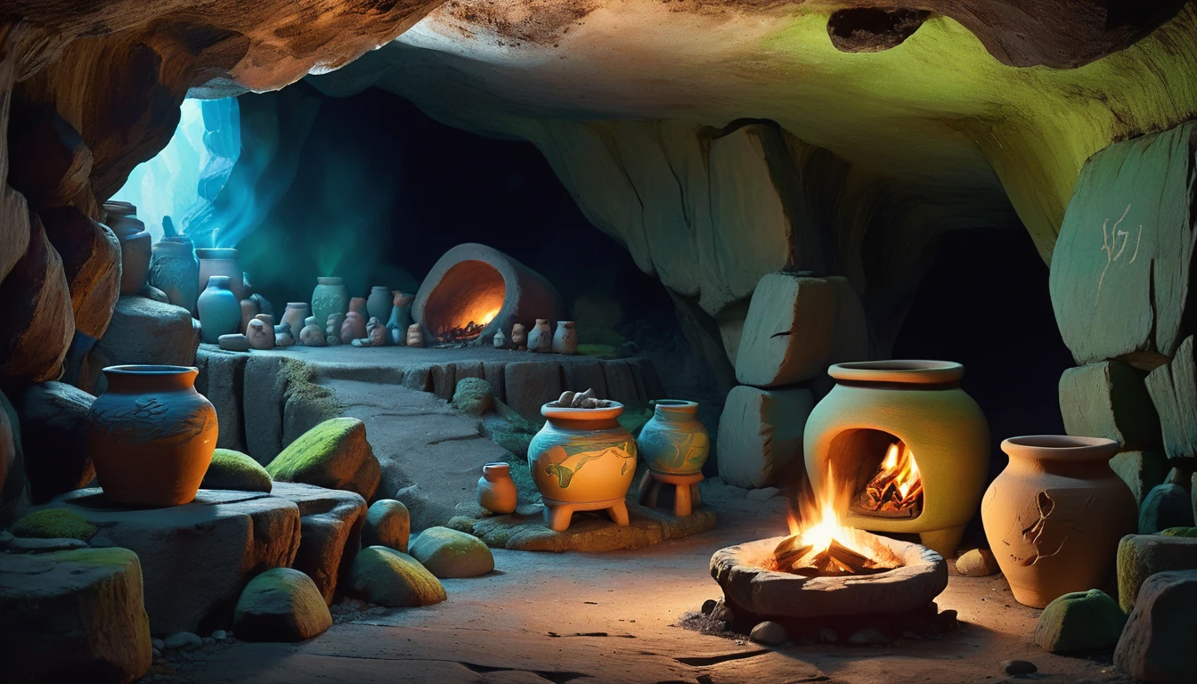 A stunning 3D scene,Empty space inside the cave,There are some strange little animals in the cave,There is a pile of burning firewood on the ground on the left.,There is a large clay pot on the firewood pile,The blue light is emitted from inside the pottery jar,Opposite the pottery jar is a stone table,There are two stone benches on the side。There is a row of small pottery jars on the open ground on the right.。There are some different symbols carved on the rock wall above the small pottery jar.。There is moss on the rocks that glows yellow-green,The yellow-green light shines everywhere in the cave.。The atmosphere is mysterious and dreamy。High Detail,High Definition,Complex Imagination