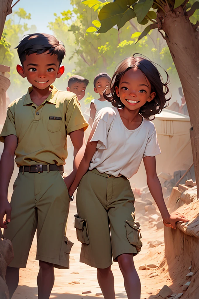 young boy and a young girl in khaki pants at a dig site, playing, having fun, from a distance