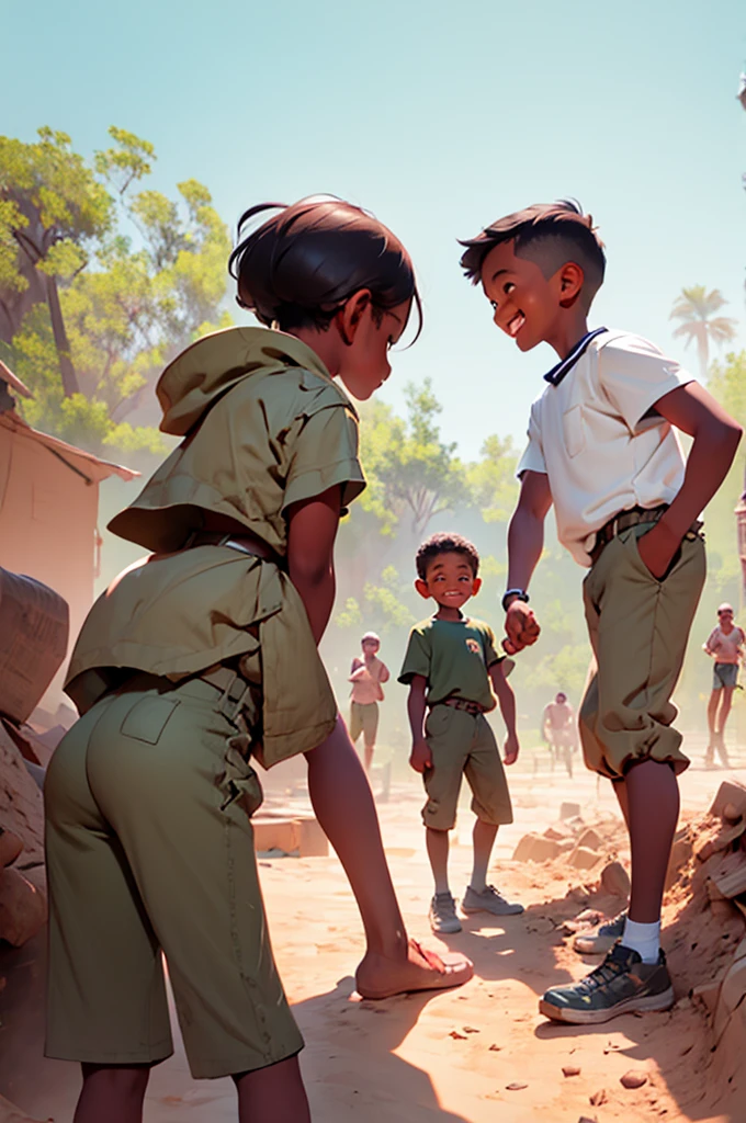 young boy and a young girl in khaki pants at a dig site, playing, having fun, from a distance