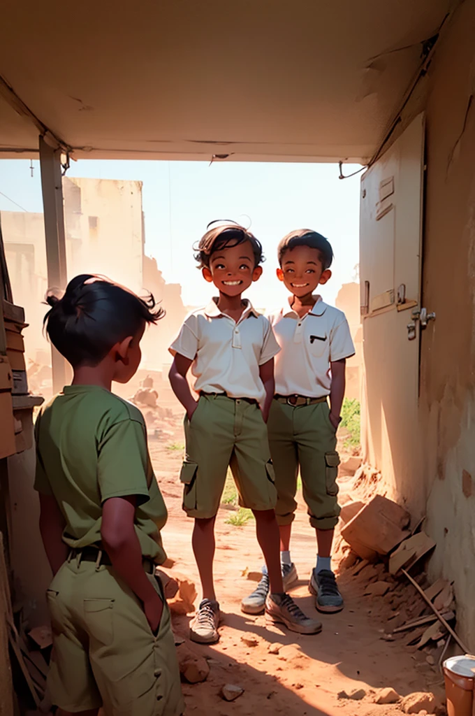 young boy and a young girl in khaki pants at a dig site, playing, having fun, from a distance