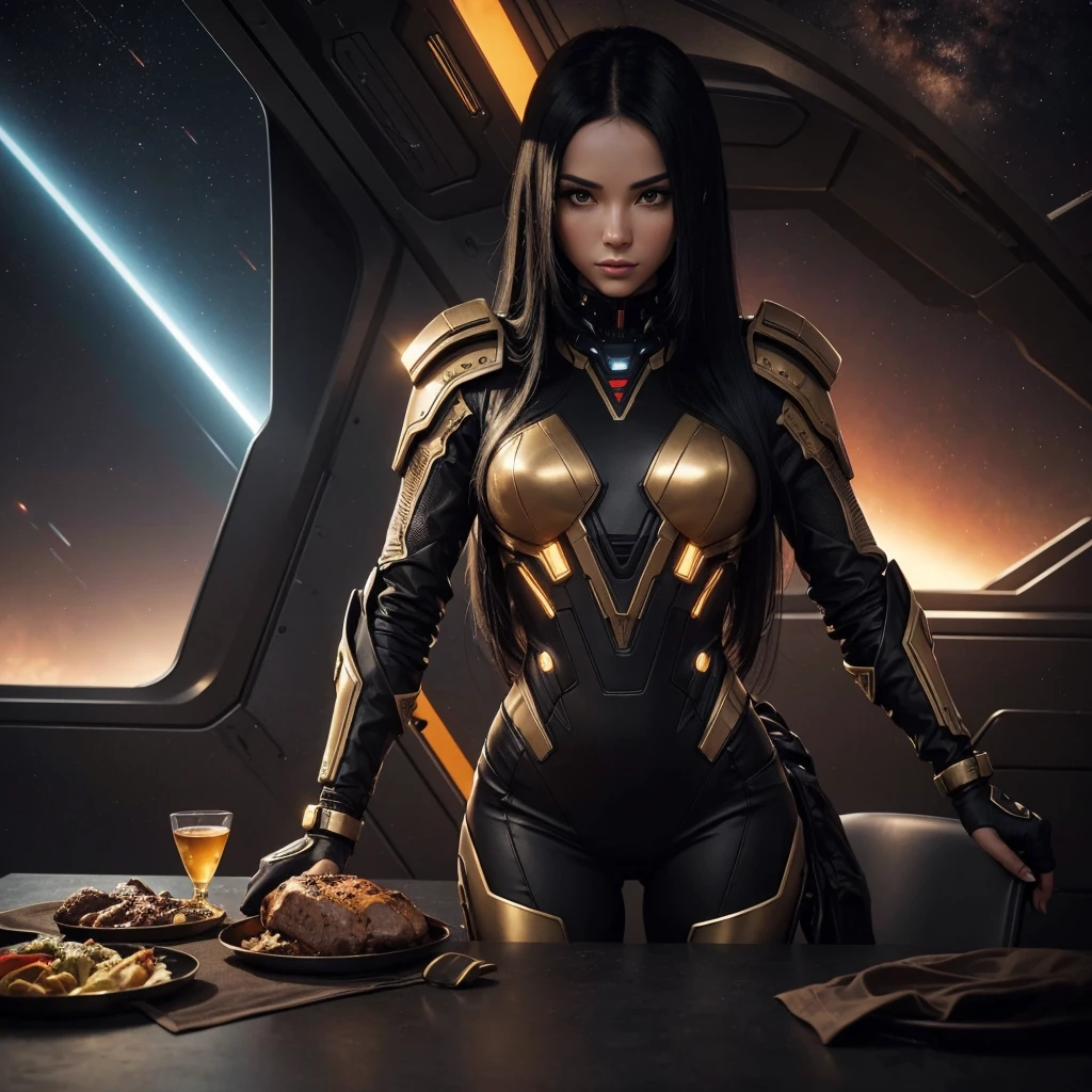 ((best qualityer)), ((work of art)), (detailded), Create the image of a beautiful girl with long black hair. She is wearing a futuristic black warrior jumpsuit with some gold details.. The girl is on the surface of Mars, characterized by its red, rocky terrain and a dramatic Martian sky. No fundo, there is a futuristic fighter plane in the background. The scene should convey a sense of futuristic adventure and science fiction elements. high resolution, war tank, futuristic dinner table.