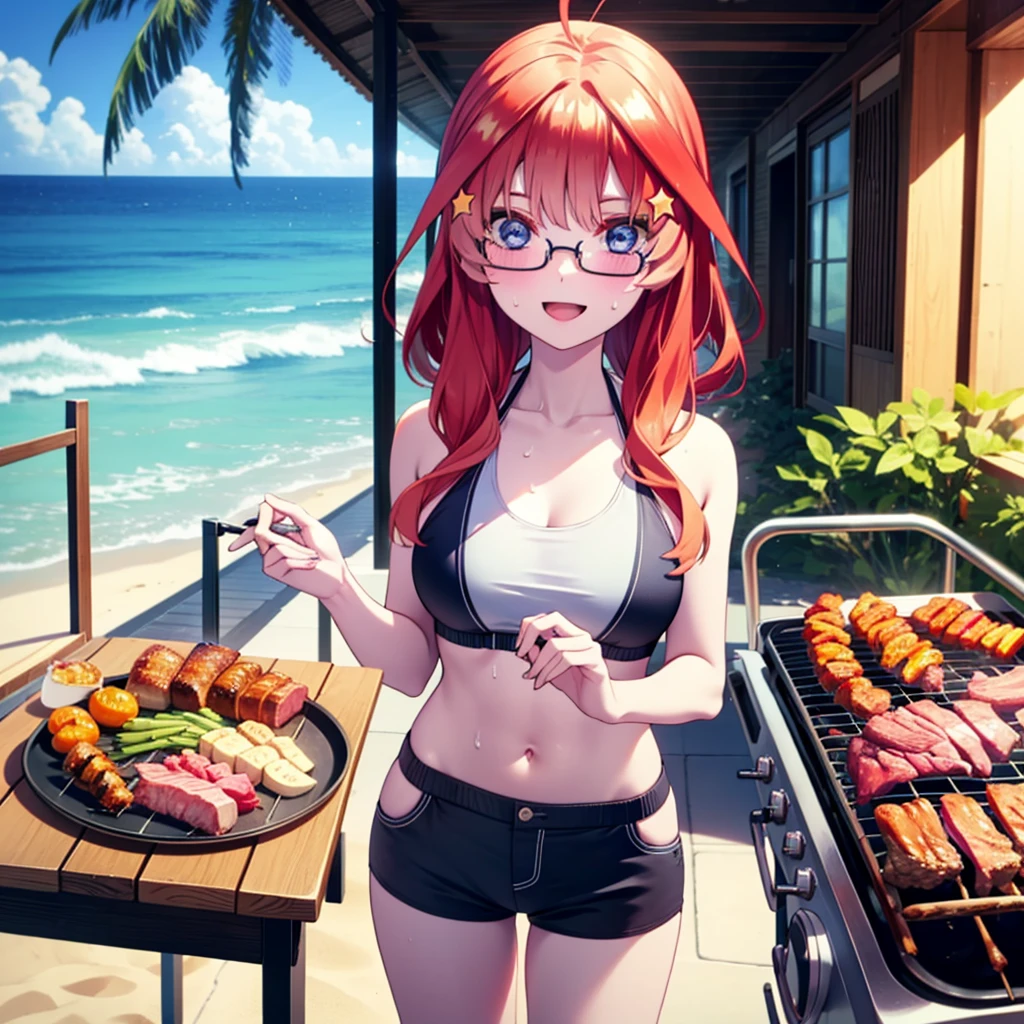 itsukinakano, Itsuki Nakano, bangs, blue eyes, Hair between the eyes, Ahoge, Redhead, star \(symbol\), hair ornaments, star hair ornaments,Baseball hats,Black-rimmed glasses,happy smile, smile, Open your mouth,Red Bikini Swimsuit,Shorts,barefoot,Sweat,Beach,barbecue,cooking,Grilled meat,barbecue,Grilling meat,eating meat,Grilled meat,Palm tree,True Summer,Daytime,Clear skies,
break indoors, Beach,Sandy Beach,
break looking at viewer, (Cowboy Shot:1.5),
break (masterpiece:1.2), Highest quality, High resolution, unity 8k wallpaper, (figure:0.8), (Beautiful attention to detail:1.6), Highly detailed face, Perfect lighting, Highly detailed CG, (Perfect hands, Perfect Anatomy),