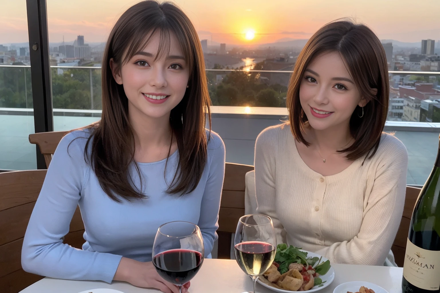 (Realistic:1.1),(masterpiece,Highest quality),8k,(40 years old), 42 years old, slimカップル、Model Couple、actress/actor、Tight waist,Upper Body,full-course dinner、wine 、Amazing view of the sunset sky and clouds、Perfect Anatomy, Brown Hair, short hair,Random Hairstyles,((Highly detailed face and eyes:1.2))(cute顔:1.4),美しいactressの顔,Perfect golden ratio face,Long sleeve shirt、dress,(smile:1.2)、Shortcuts、cute、(Realistic, Intricate details:1.2), A bright smile、short hair,Bright Face、赤wine 、Appetizers、Italian food、wine bottle、Champagne、スパークリングwine、(slimな顔), (The body is slim), (Brown Hair), (Shortcuts), Upper Body, 白wine, slim, wineグラス,