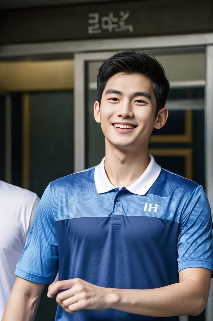 Korean man, Inspiration from Peng Yuyan, 23 years old, Korean muscular man ，The computer room is in the back. Sports t-shirts, polo, tight, navy blue., open mouth smile