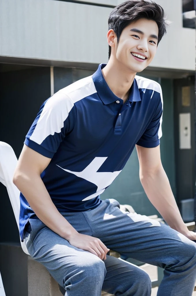 Korean man, Inspiration from Peng Yuyan, 23 years old, Korean muscular man ，The computer room is in the back. Sports t-shirts, polo, tight, navy blue., open mouth smile