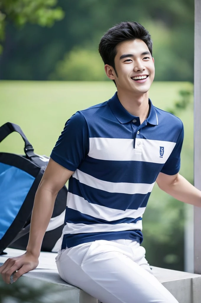 Korean man, Inspiration from Peng Yuyan, 23 years old, Korean muscular man ，The computer room is in the back. Sports t-shirts, polo, tight, navy blue., open mouth smile