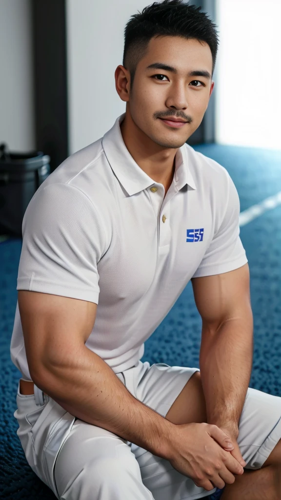 A male police officer in his 20s poses for a group photo., Wear a navy blue polo shirt., high resolution, Masterpiece, best quality, head:1.3,, Smooth and fine skin, clear focus, (movie light), during the night, gentle light, Dynamic angle, (detailed face:1.2), (((exercise))), sport, His arm muscles were very big., hand in crotch, in his bedroom ,natural and delicate,