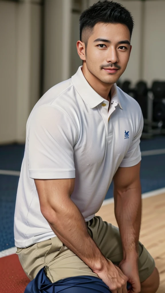 Masterpiece, best quality, high resolution, realistic, handsome, Take beautiful photos, A photo of a 35-year-old Gym Association member sitting on the floor. (The man has a thin mustache.) ,Full body, Portrait, standing on the football field, make military media, weight, Amazing , Buzzcut short hair,stubble head , (Hyper Muscle),looking at the audience, Flirt with the camera, charming, (Tight white polo shirt Cargo pants ),(GS-Male:1), 8k,Bokeh,Portrait,look at the viewer, smile 