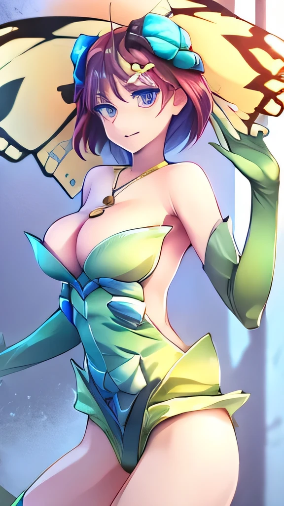 ((masterpiece,best quality,ultra-delicate,Perfect Face,16k,high resolution,very beautiful girl)),yellow butterfly wing on the head,brown medium short hair,green bodycon suits,green long boots ,green long arm sleeves, large breasts,full body shot