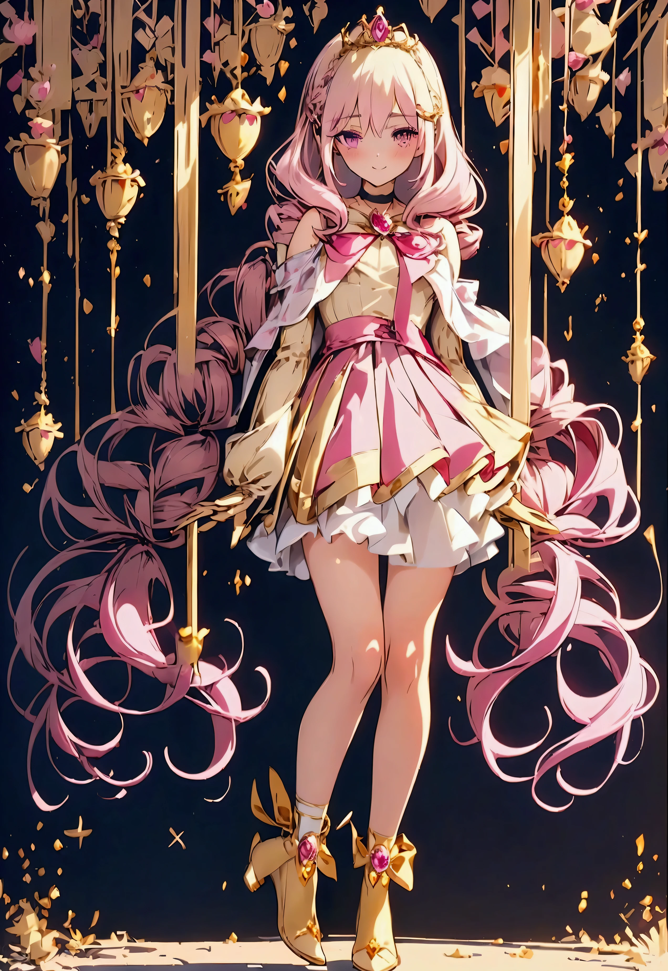 Create an anime-style girl with (((deep magenta eyes and long, wavy pink hair))) ((styled in an elegant frenchbraid)). (((She is slender, and with small breasts))). ((Ensure a full-body shot of her)) wearing a (((magical girl-themed outfit.))) ((The outfit features a fitted bodice with a sweetheart neckline, gold embroidery, and pastel pink accents. The bodice has delicate rose gold spider web patterns. She wears a multi-layered knee-length skirt with a high-low hemline, the outermost layer sheer with gold and rose gold spider web patterns. She has off-the-shoulder puff sleeves, arm-length pastel pink gloves with gold trim, and a gold choker with a red gemstone. The outfit includes a short, detachable sheer cape with rose gold spider web patterns and is fastened with gold brooches. She wears pastel pink ankle boots with gold heels and rose gold laces. Accessories include a gold tiara with a red gemstone and gold spider-shaped hairpins.)) The overall look is regal and ethereal, with magical glowing effects. cutesexy, purinpuon pixiv, no future, a hyperrealistic , hyperrealistic , realistic , seductive (anime girl), smooth anime cg art, beautiful alluring anime , (purinpuon pixiv), ((magical girl)), (masterpiece), best quality, expressive eyes, perfect face ((Highest quality))、((8K))、(((8k wallpaper))) ((Full Body Shot: 1.5))、ultra detailed, masterpiece, best quality, solo ((purinpuon pixiv, no future)) (((purinpuon pixiv, no future)))