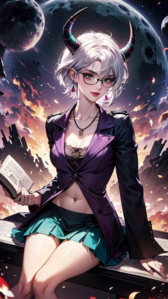 8k, masterpiece, best quality, highly detailed, 1 girl, tiefling, warlock, multicolored hair, very short straight hair green highlight hair on white hair, strippled hair, wearing glasses, round glasses, earrings, navel piercing, miniskirt, red eyeshadow, long eyelashes, blushed cheek, red lips, necklace, rings, collarbone, mole, glamorous, teal clothing, purple clothes, smirk, close up view, rings, looking at viewer, demon horns, solo, nightmarish landscape, blue pale moon, sitting, cosmic horror, decaying, holding devil books