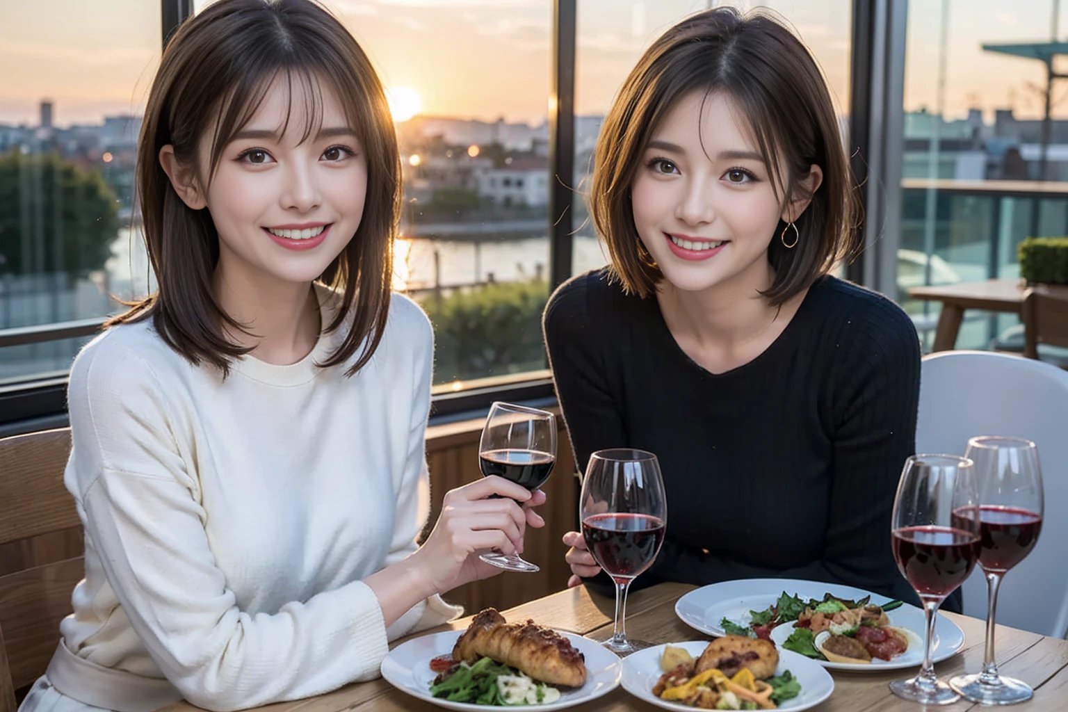 （Realistic:1.1）,(masterpiece,Highest quality)，8k,(40 years old), 42 years old, slimカップル、Model Couple、actress/actor、Tight waist,Upper Body,full-course dinner、wine 、Amazing view of the sunset sky and clouds、Perfect Anatomy, Brown Hair, short hair,Random Hairstyles,((Highly detailed face and eyes:1.2))(cute顔:1.4)，美しいactressの顔，Perfect golden ratio face，Long sleeve shirt、dress,(smile:1.2)、Shortcuts、cute、(Realistic, Intricate details:1.2), A bright smile、short hair,Bright Face、赤wine 、Appetizers、Italian food、wine bottle、Champagne、スパークリングwine、(slimな顔), (The body is slim), (Brown Hair), (Shortcuts),  Upper Body, 白wine, slim, wineグラス, 