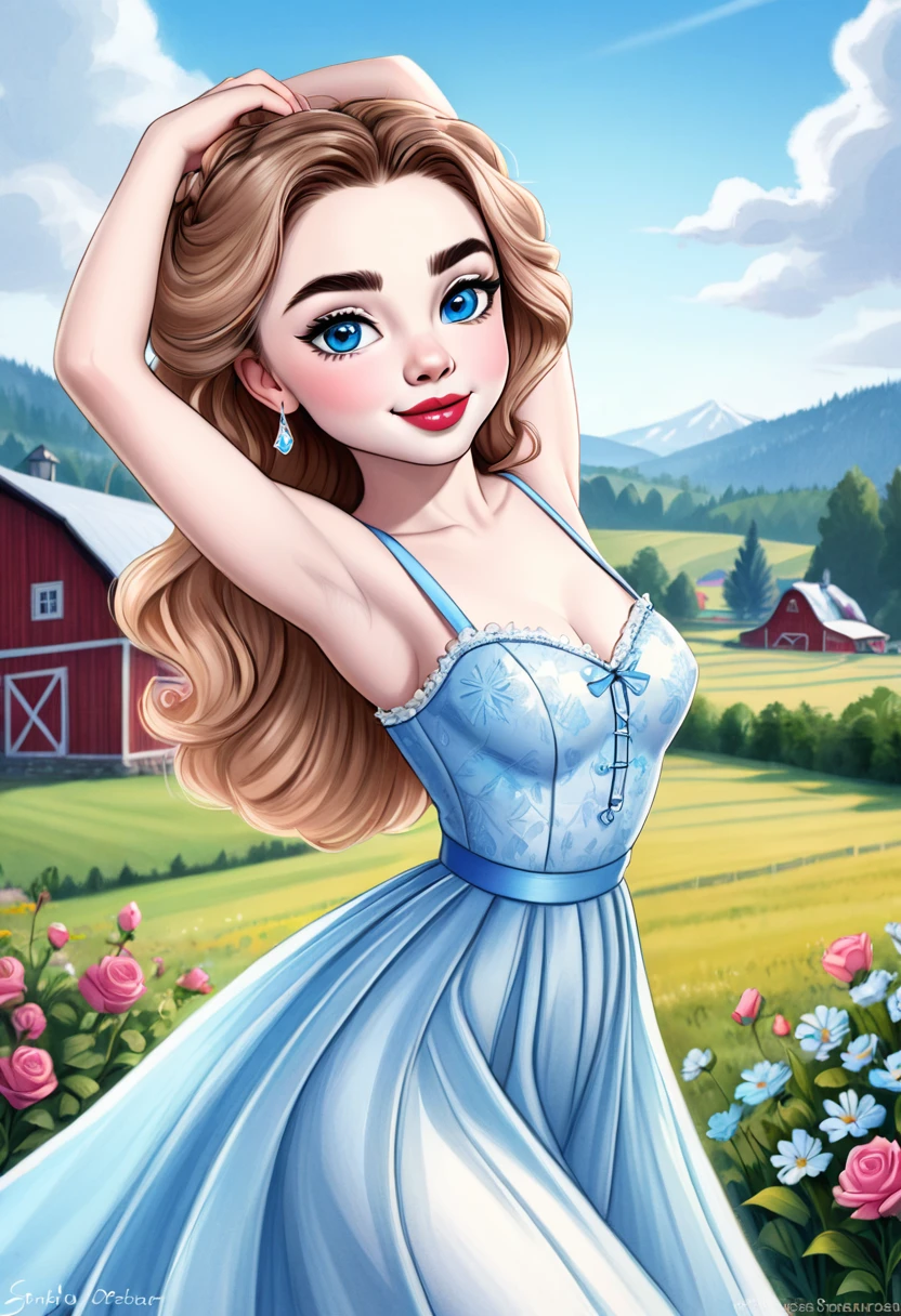 A colored pencil sketch of a beautiful swedish farm wife. crystal blue eyes. rosy complexion. full lips. Sabrina Carpenter. Sudectively dancing in a medow.