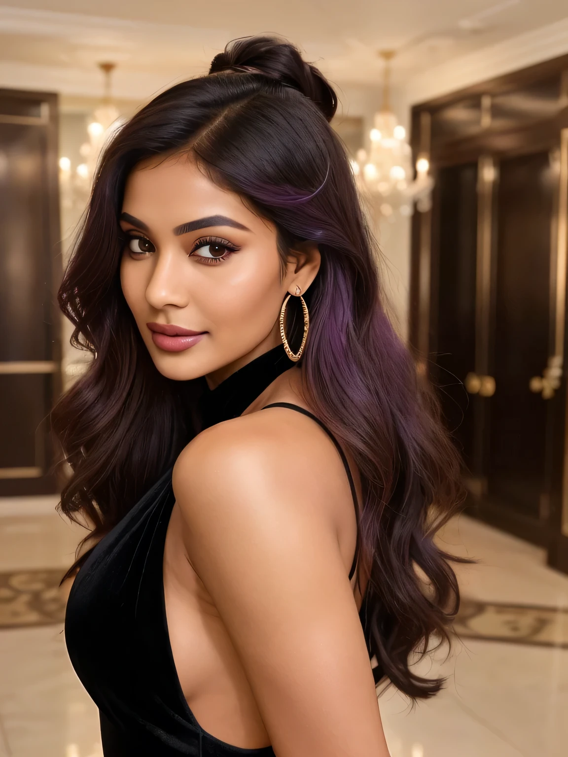 Create an ultra-realistic image of a modern, attractive female influencer of Indian descent, aged between 27 to 30. She should have a warm and inviting smile, expressive almond-shaped eyes with a slight shimmer, and clear, glowing skin with a medium brown complexion. Her features should be well-defined, with high cheekbones and a sharp jawline. Her hair should be long, thick, and wavy, with a natural shine and bounce, styled in an intricate updo with curls and volume. The hair color is a deep, reddish-purple hue that’s bold yet sophisticated. She should have a slender yet athletic build, reflecting a healthy and active lifestyle.
She is wearing a luxurious black velvet one-piece suit with an elegant crisscross back design. The rich fabric hugs her figure perfectly, offering a sophisticated yet alluring look. Her bust size is increased to a medium (44-46 inches), creating a balanced and proportionate size that fits a variety of body types, offering versatility in fashion. Her outfit is completed with stylish black heeled sandals that add elegance to her look. She accessorizes with subtle yet chic jewelry, such as small hoop earrings and a few thin bangles.
The background should be a glamorous ballroom with chandeliers and opulent decor, suggesting a cosmopolitan lifestyle. Her overall appearance should exude confidence, approachability, and sophistication, capturing the essence of a contemporary Indian fashion influencer.