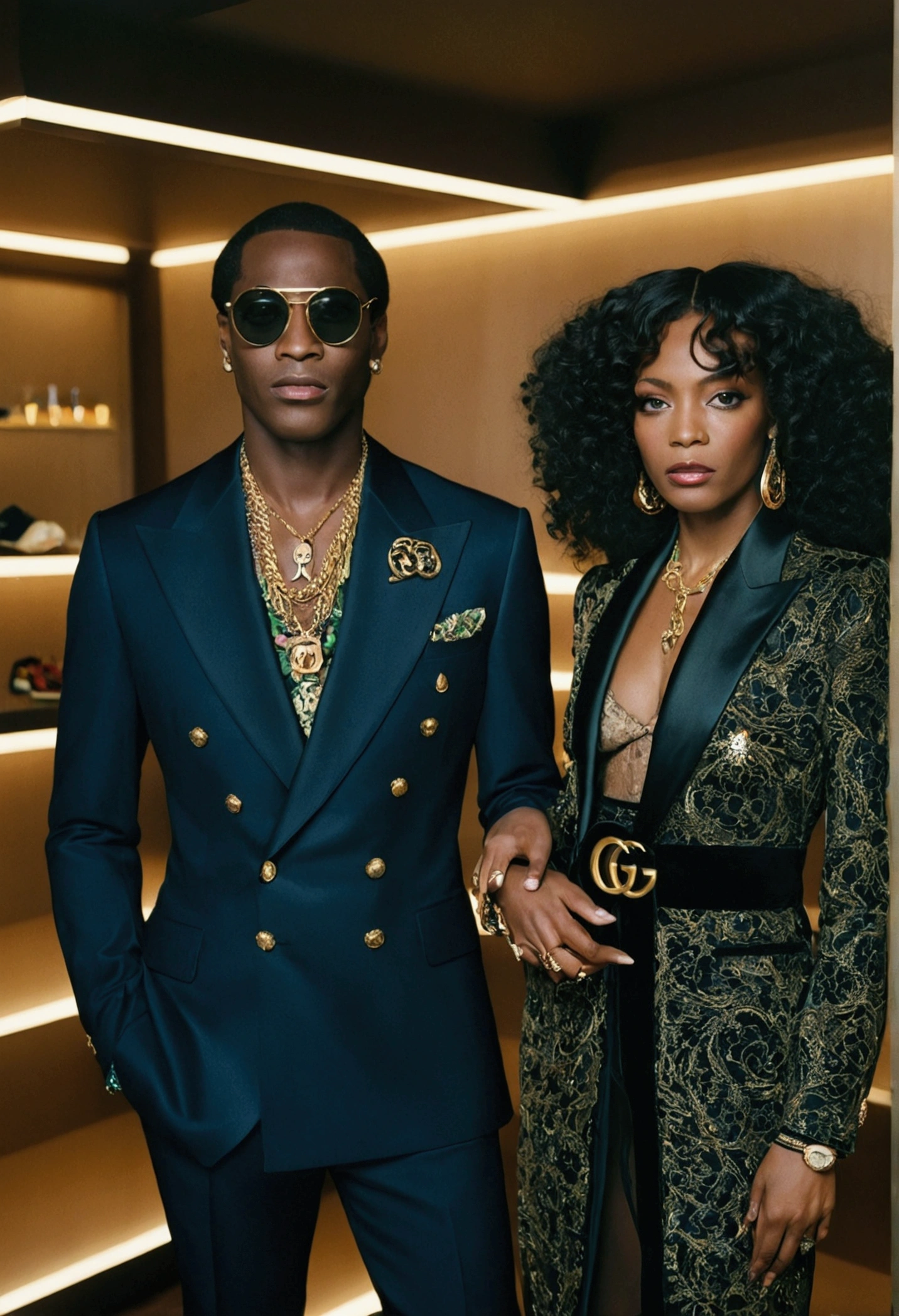 gucci , black women and man fully clothed photo 12k resolution hash flash lighting, shot on ALEXA 65, Velvia 100 , underexposed, Voigtlnder Nokton 50mm f1.1, i Nikon Z 8 with Zoom Lens | with 24-120mm